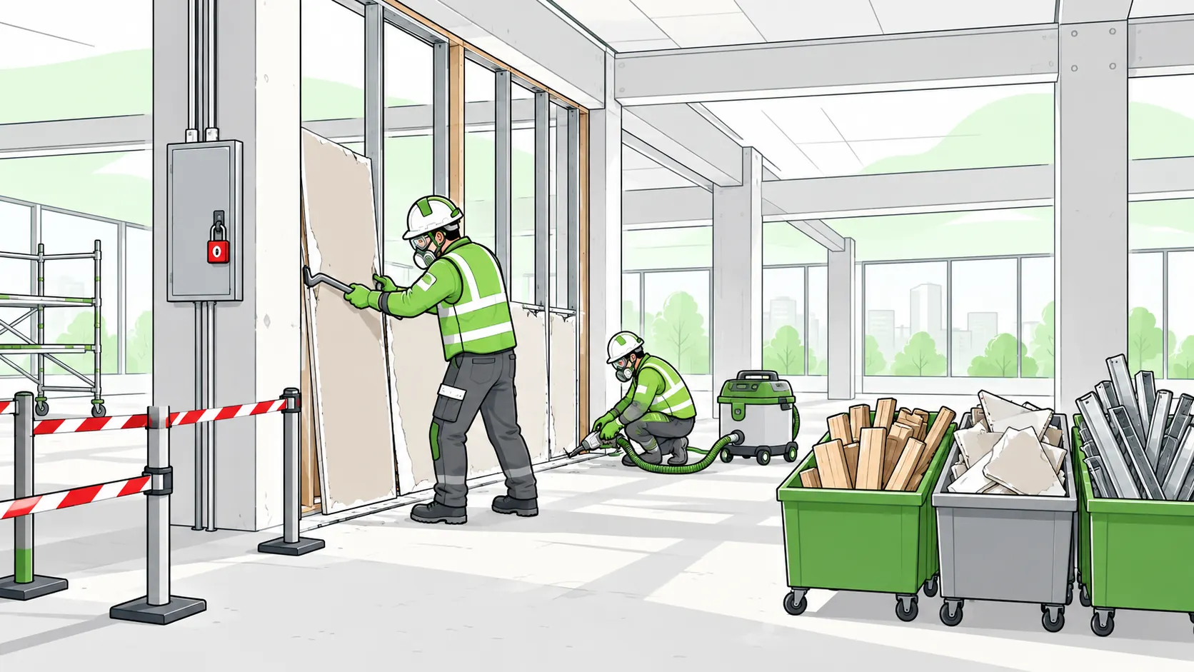 Protected workers remove nonstructural partitions with dust extraction during a controlled soft-strip demolition while structural columns remain intact.