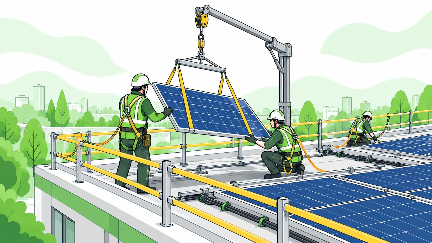 Solar installers guide a mechanically hoisted panel onto a roof with perimeter guardrails, harnesses and managed cables.