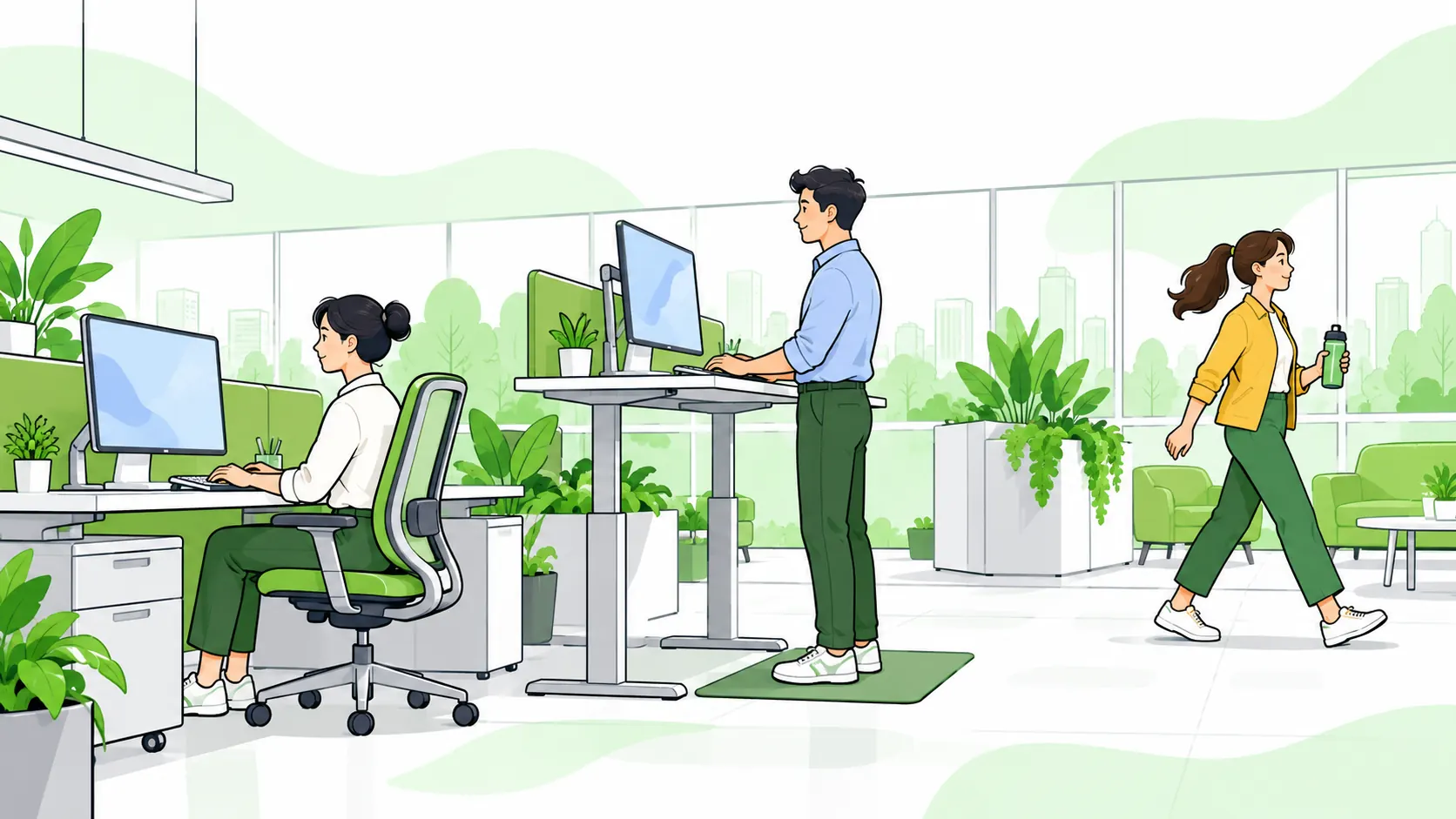 Office workers alternate between seated work, an adjustable standing desk and a walking break in a bright workspace.