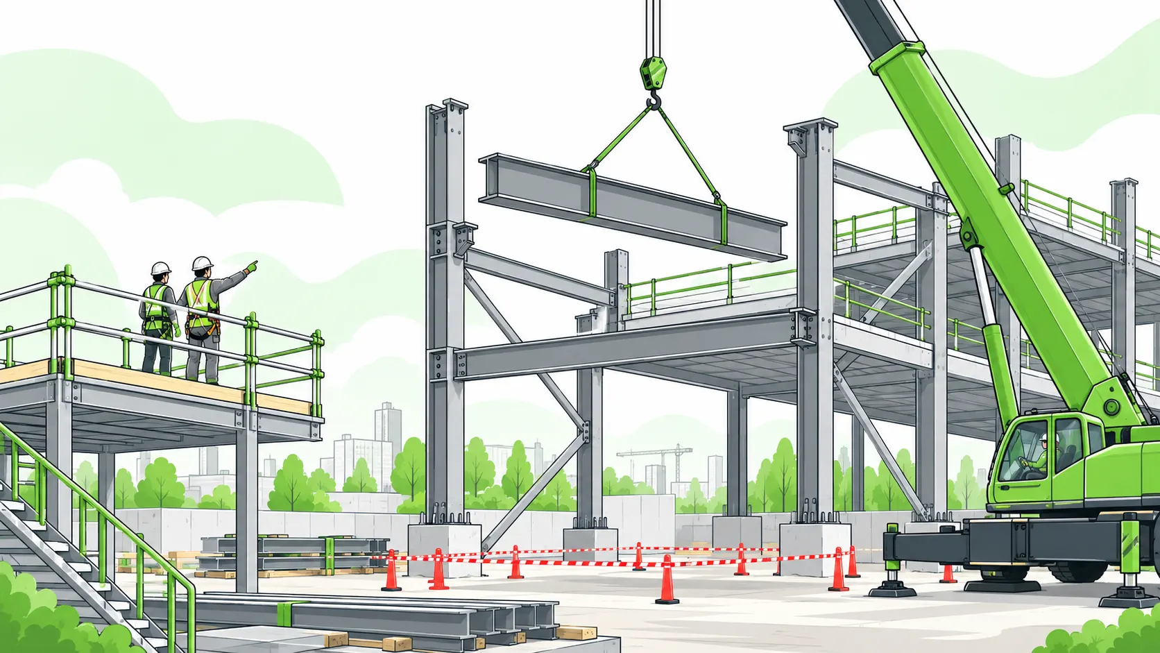 A crane positions a structural steel beam within an exclusion zone beside a braced frame and protected work platforms.