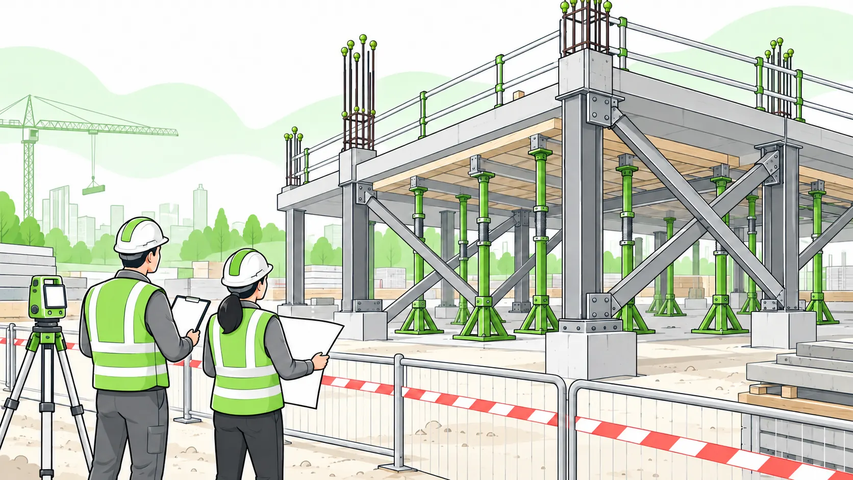 Engineers inspect diagonal bracing, engineered temporary supports and structural monitoring at a stable construction frame.
