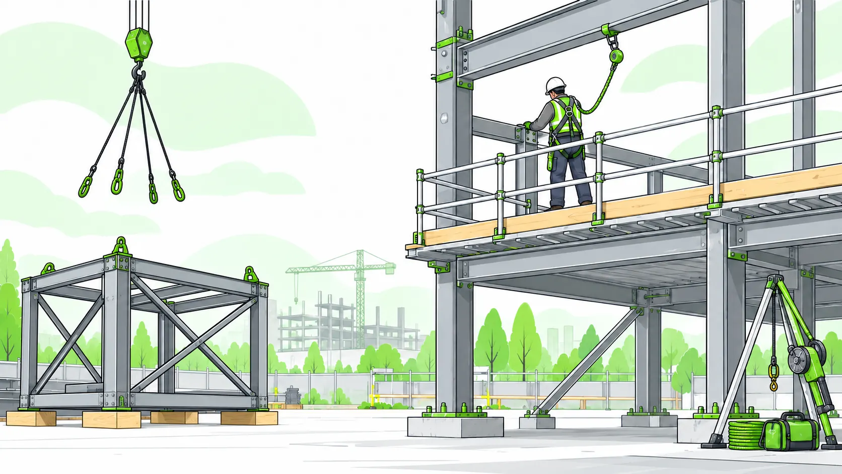 A steelworker uses a fully decked guardrailed platform and overhead harness anchorage beside preassembled steelwork and prepared rescue equipment.