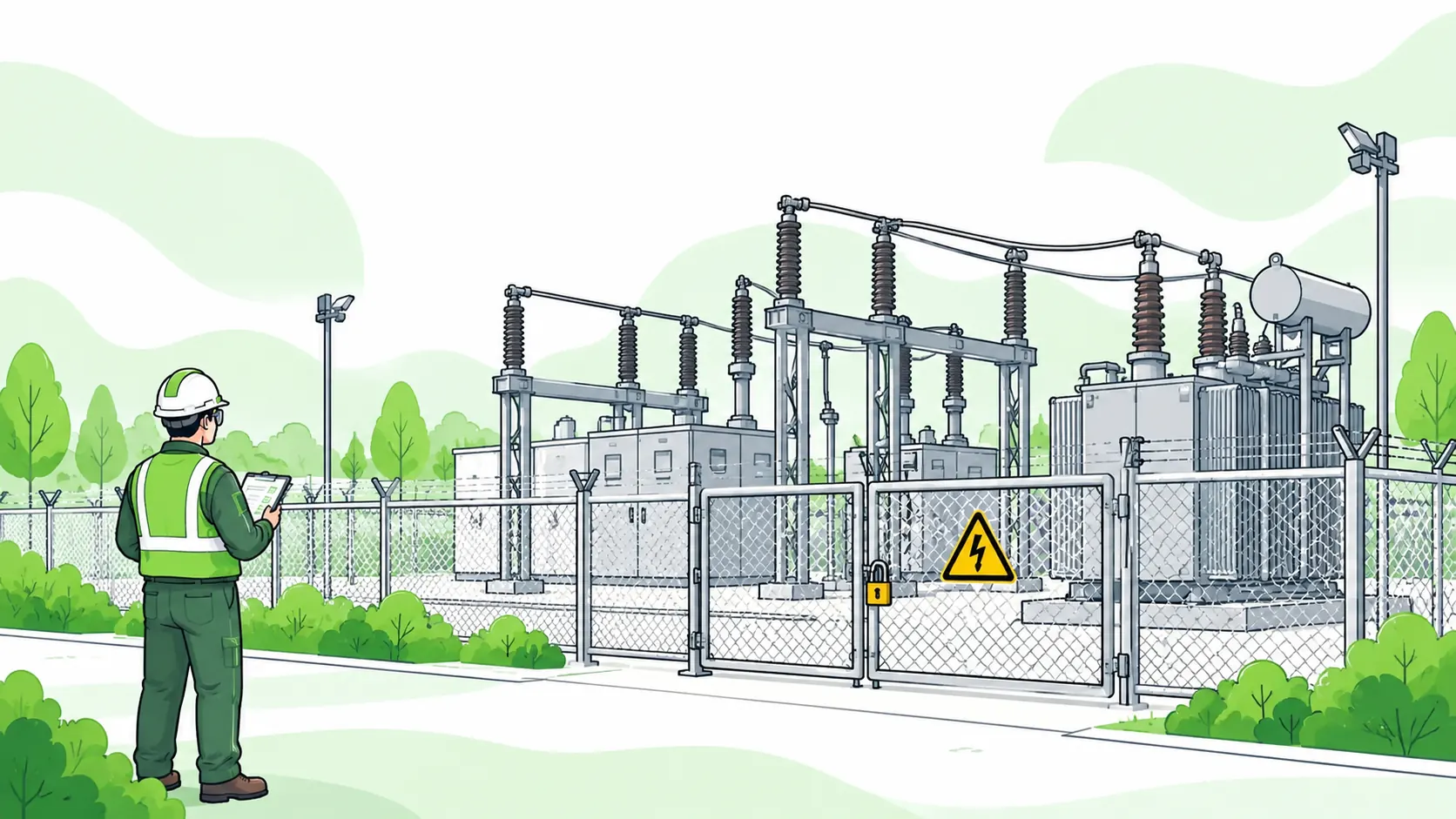Safety worker checks a fenced electrical substation from outside its locked gate displaying an electrical hazard pictogram.