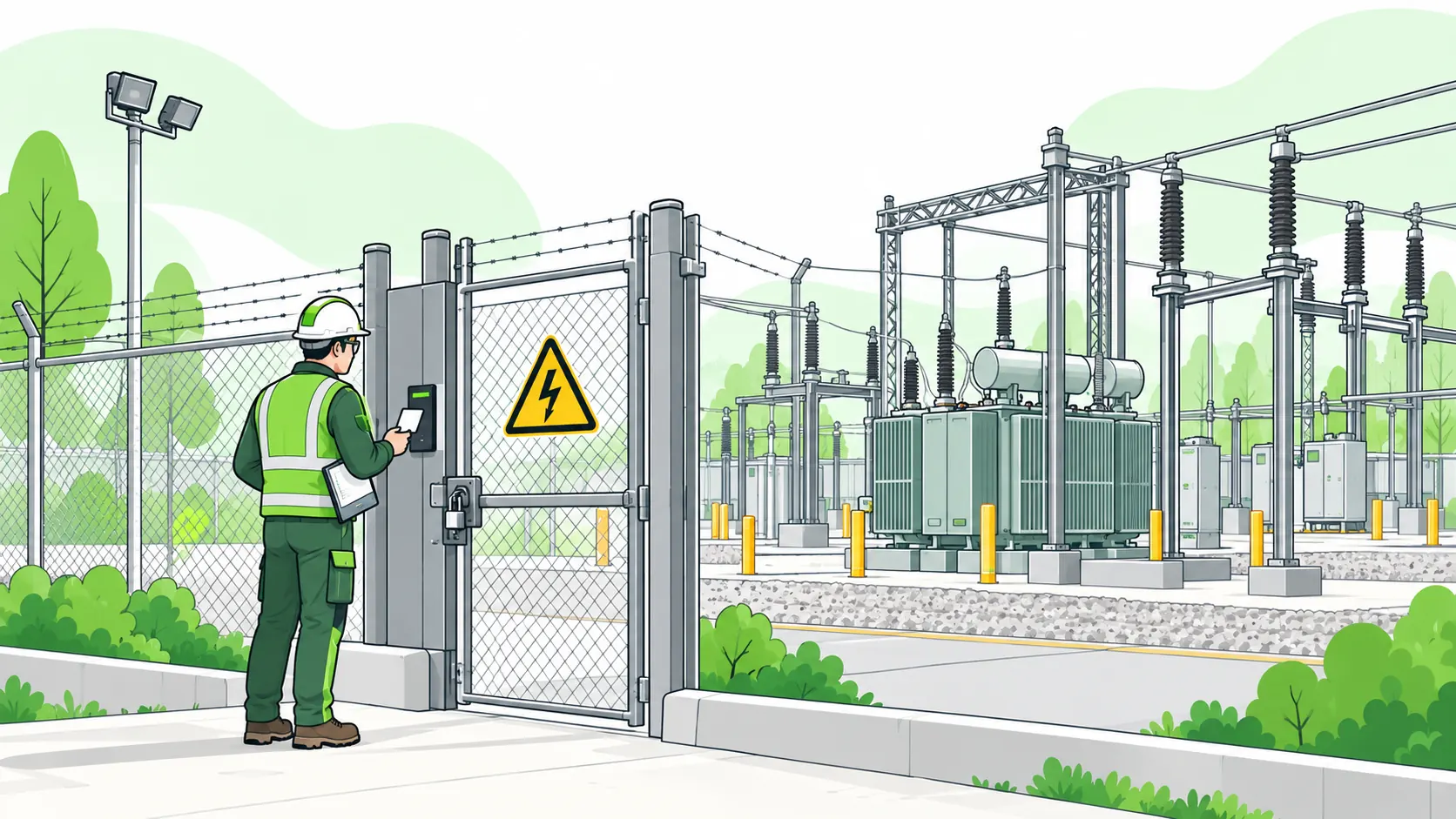Authorized technician verifies access at a locked substation gate with an electrical hazard pictogram and secure perimeter fencing.