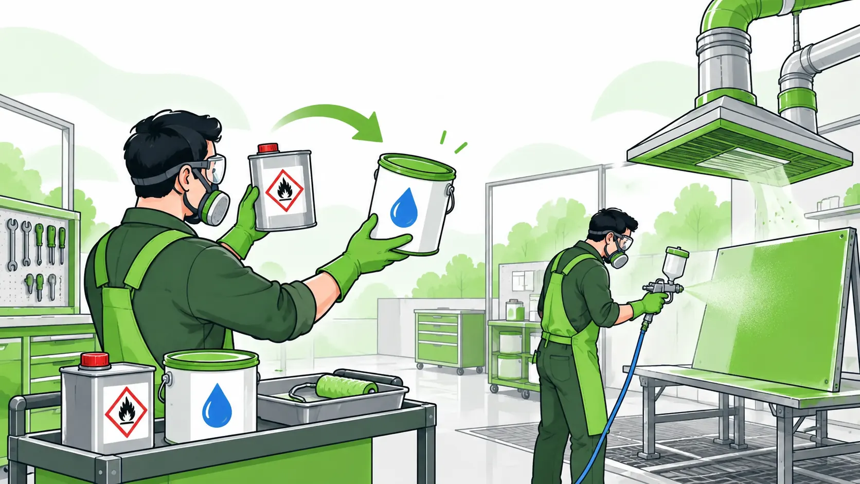 Worker compares solvent-based and water-based paint while ventilation and suitable protective equipment remain in use.