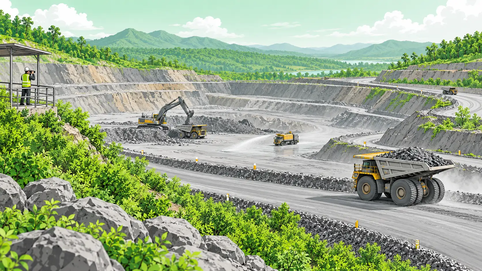 Wide surface mine shows haul trucks using separated bench roads behind berms while an excavator loads material and a water truck controls dust.
