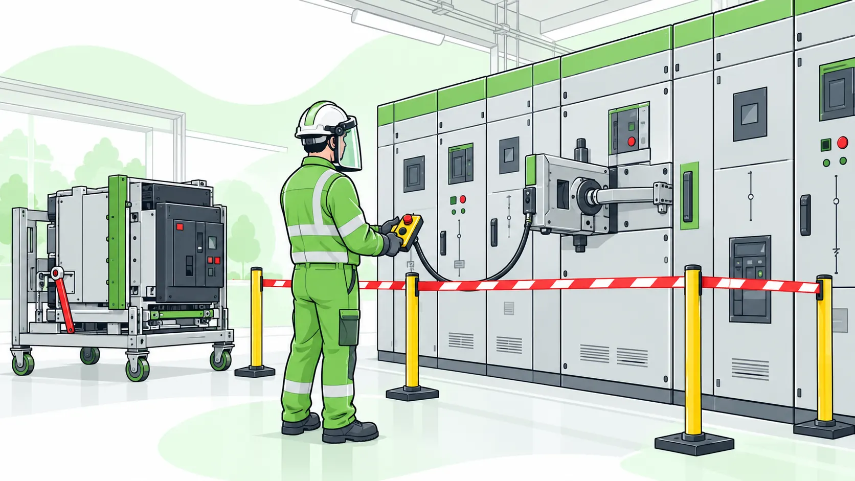 Protected electrician operates a remote racking device at enclosed switchgear behind a marked safety boundary.