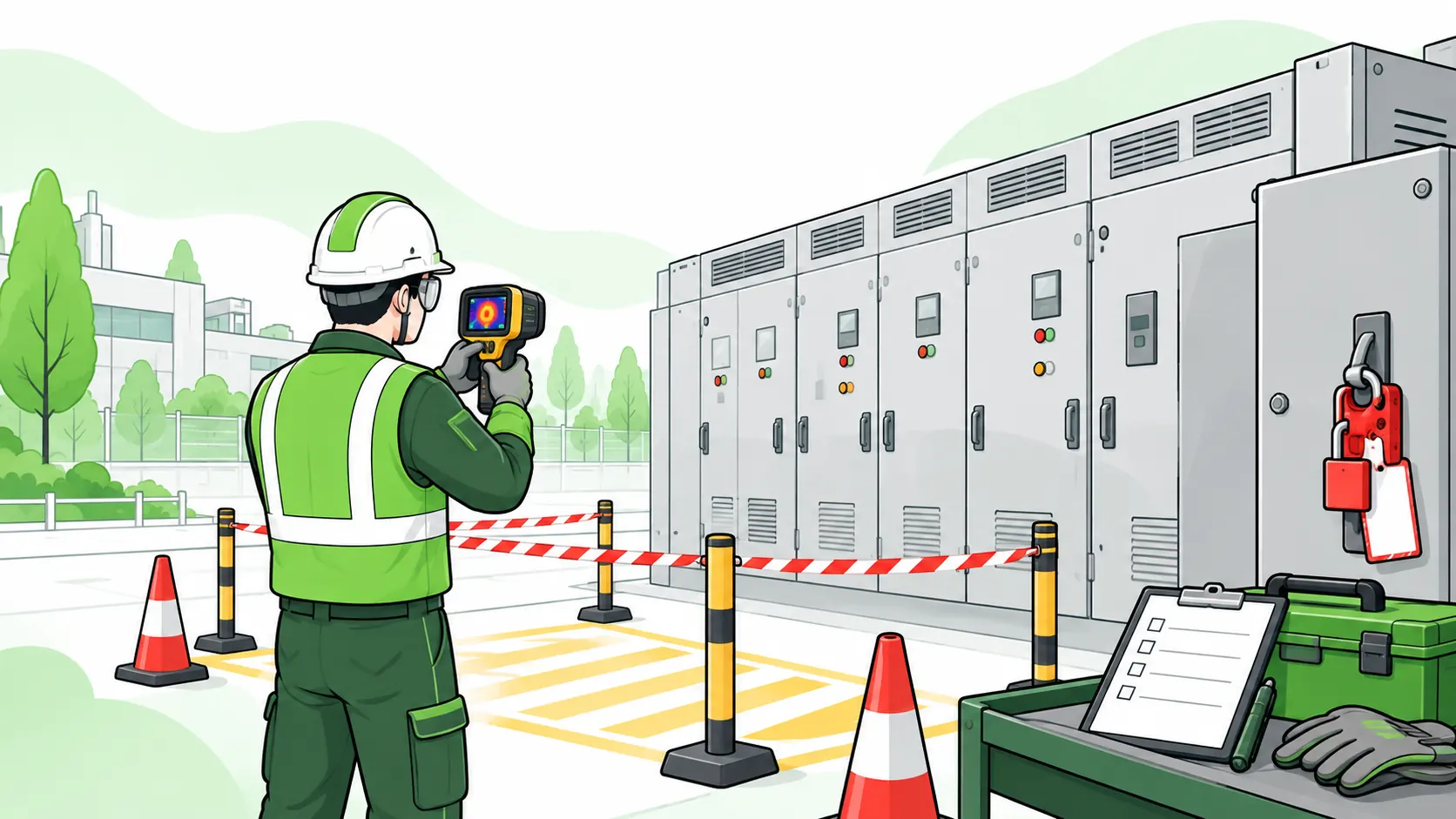 Worker uses a thermal camera to inspect closed switchgear behind a marked boundary beside lockout equipment and an inspection checklist.