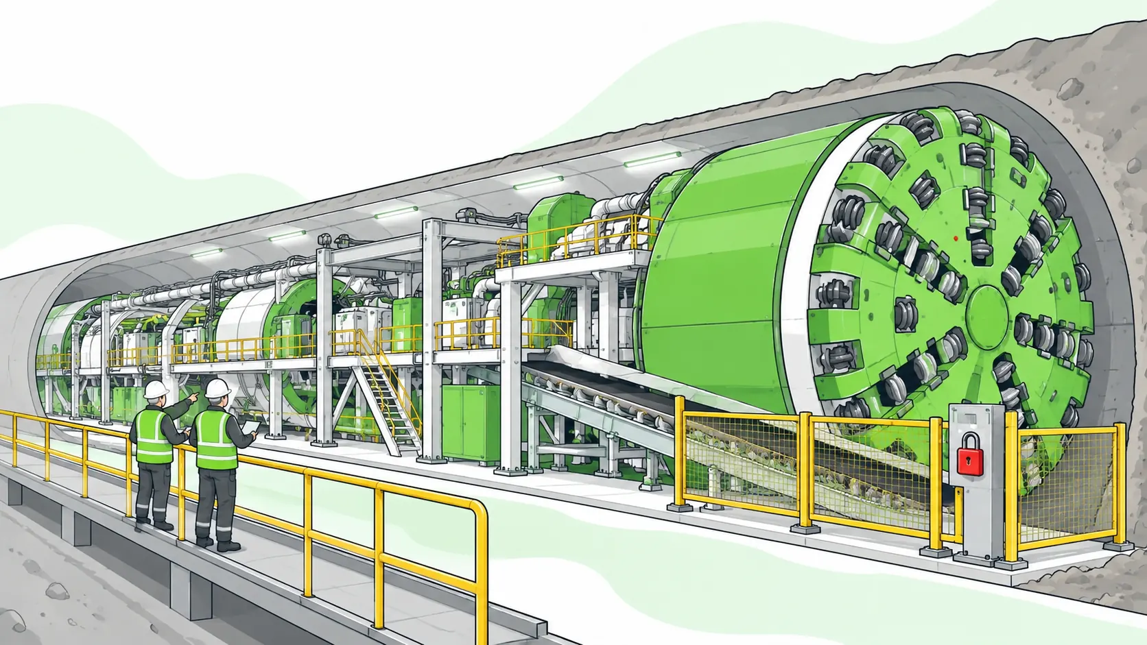 A tunnel boring machine stands isolated for maintenance inside a supported tunnel while workers inspect from a protected walkway beside a guarded conveyor.