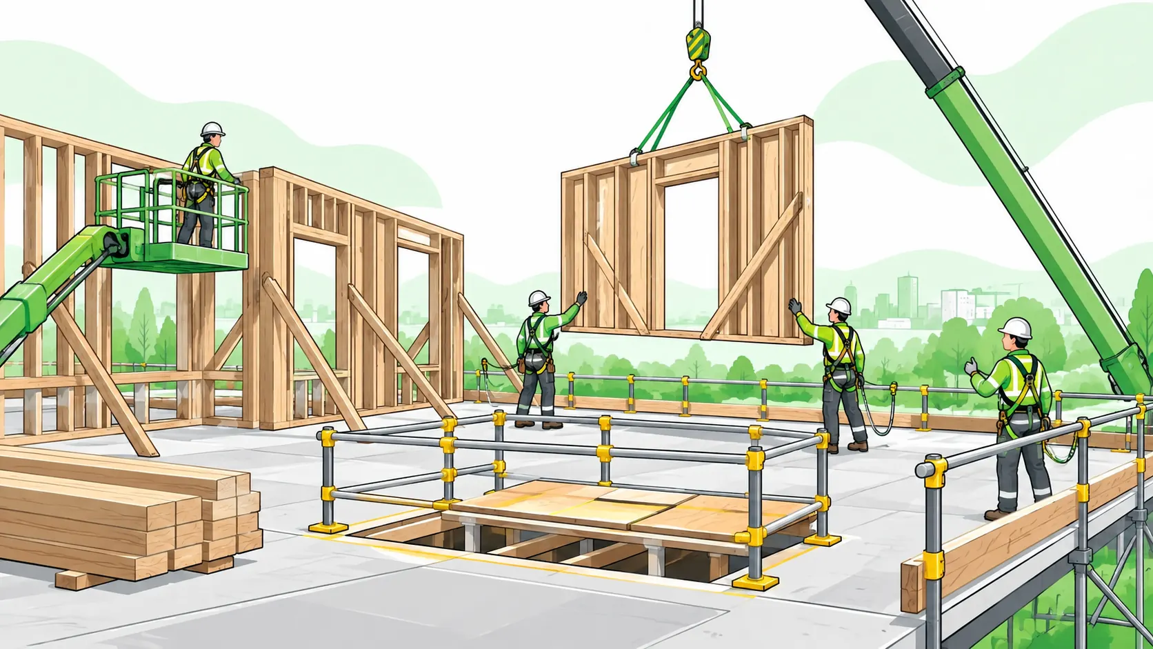Timber-frame crew guides a crane-lifted wall section beside braced framing, perimeter guardrails and a protected floor opening.