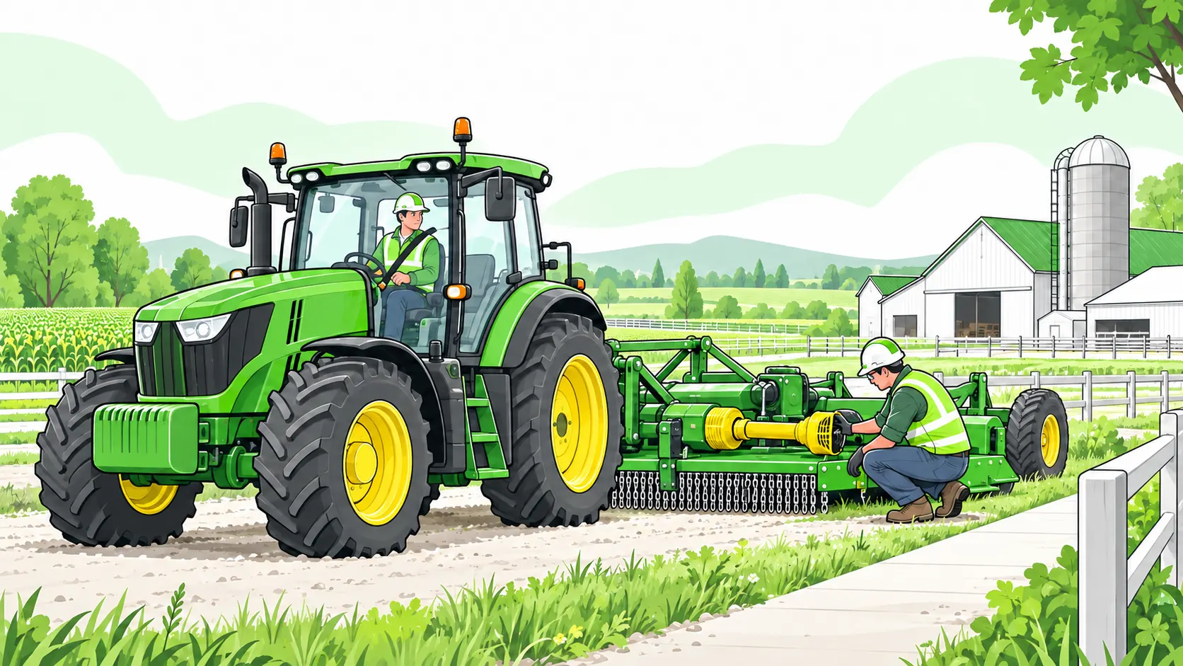 Tractor with a seat-belted operator in a protective cab and a farmer inspecting an isolated implement with a guarded PTO driveline.