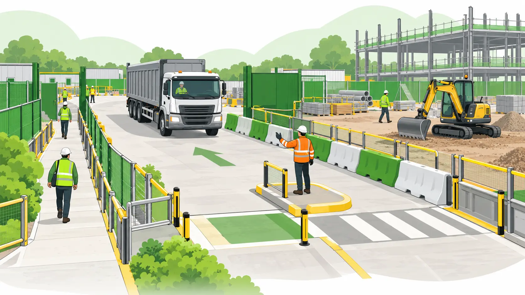 A construction traffic marshal guides a delivery truck through a one-way site route separated from pedestrian walkways and active plant.