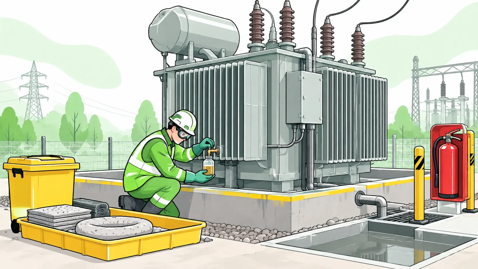 Protected worker collects a transformer oil sample beside spill-control materials, a containment bund and fire equipment.