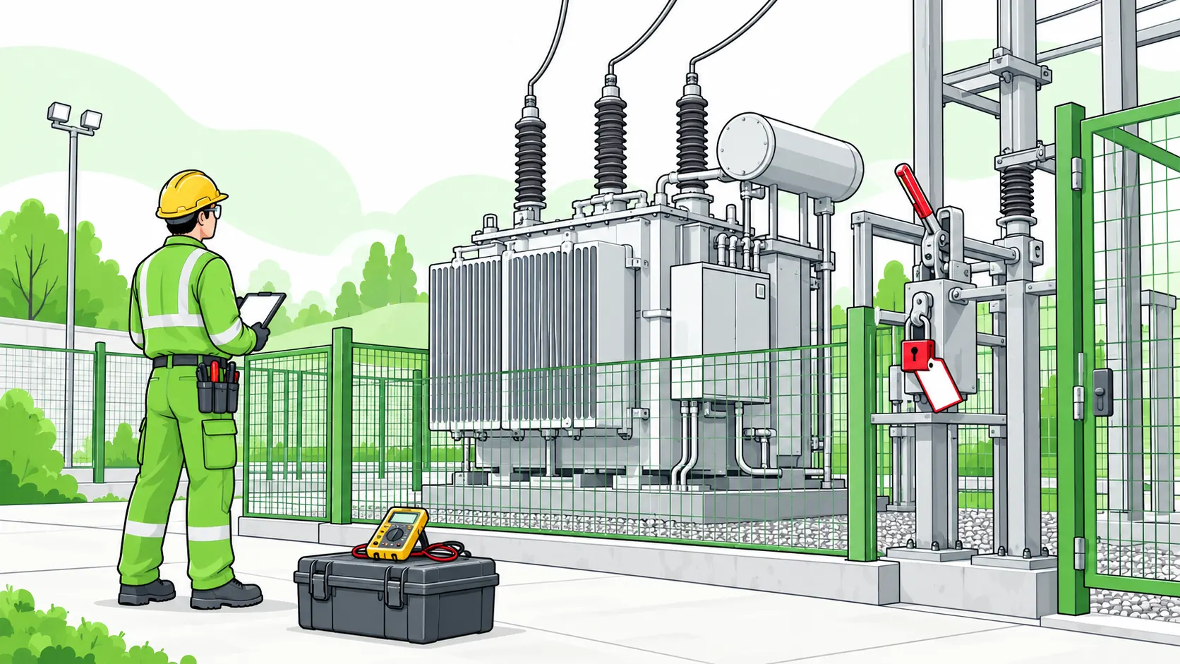 Electrician inspects an industrial transformer behind secure fencing beside a locked isolation switch and test equipment.