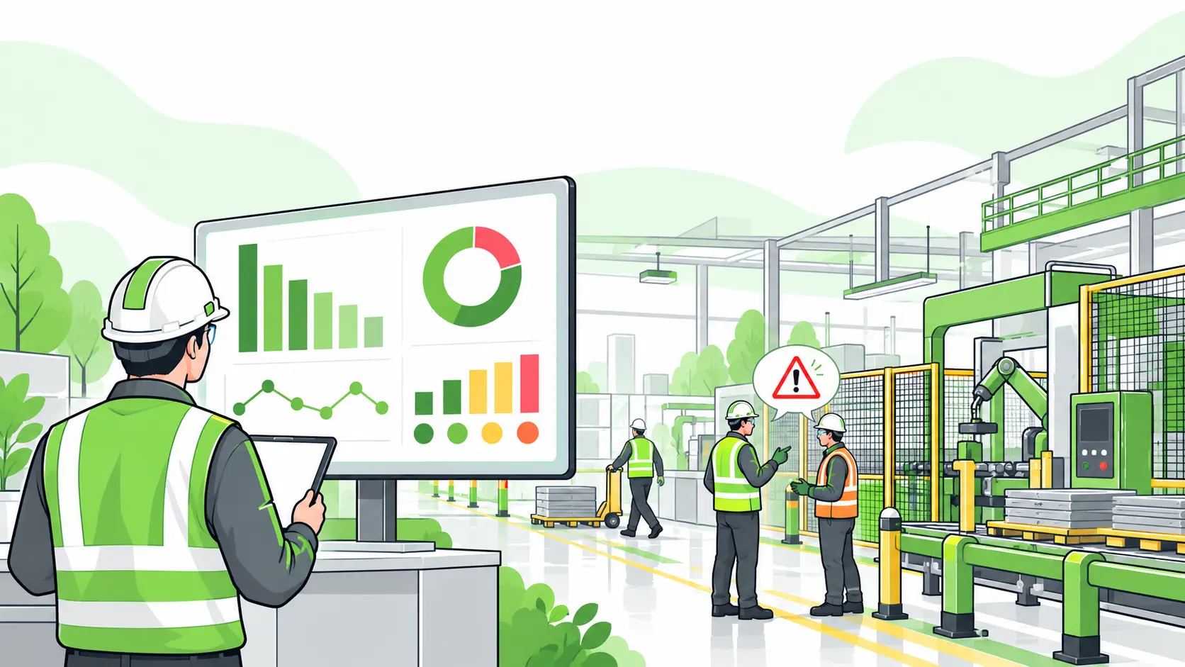 An HSE professional reviews incident trends while workers inspect guarded machinery and report a workplace hazard on a controlled factory floor.
