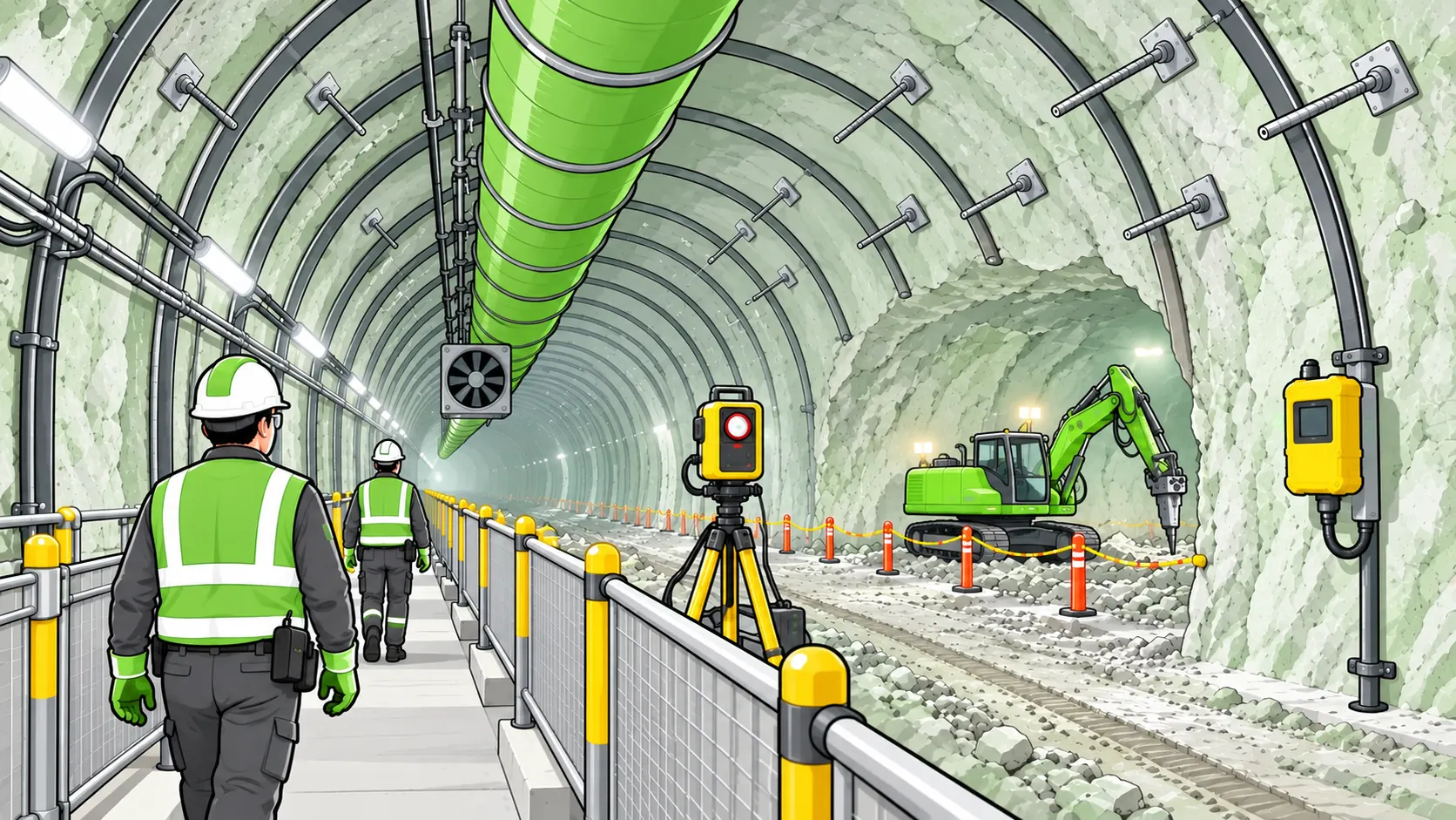 Tunnel workers inspect ground support and air monitoring equipment beside ventilation ducting and a separated pedestrian walkway.