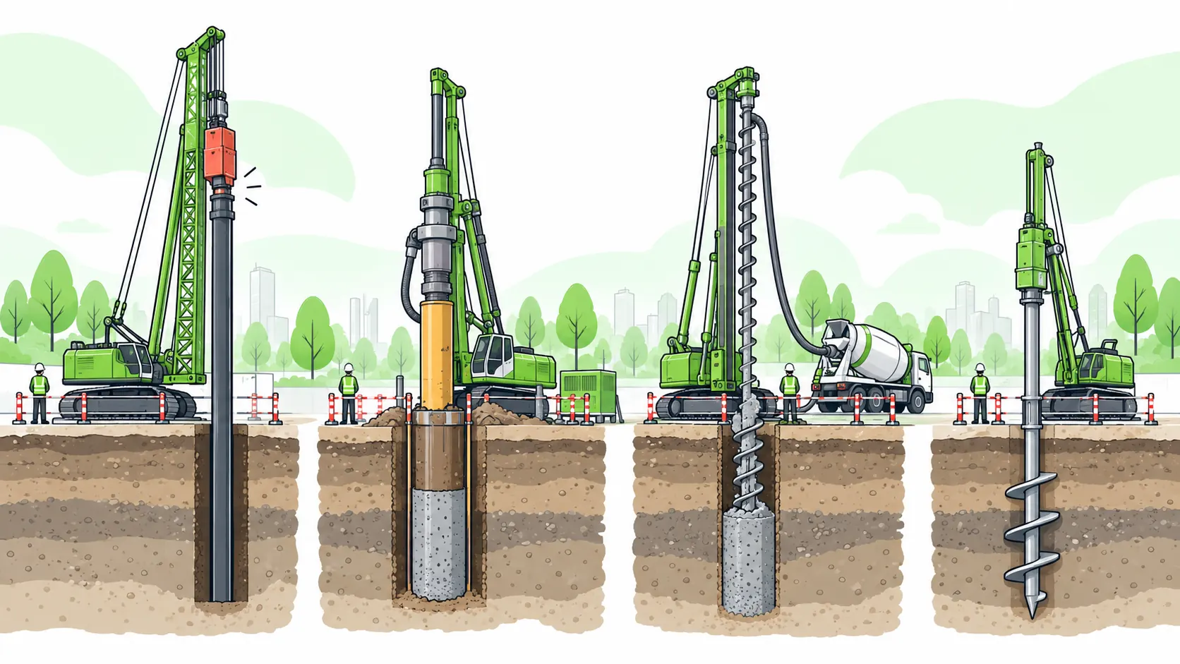 Separate piling scenes show driven, bored, continuous flight auger and helical screw methods with guarded machinery and segregated work areas.