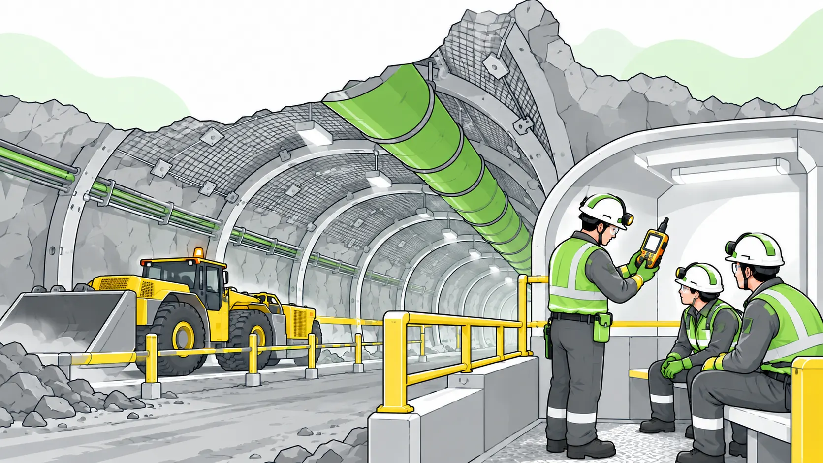 Miners check atmospheric conditions in a supported and ventilated underground tunnel with separated pedestrian and equipment areas.