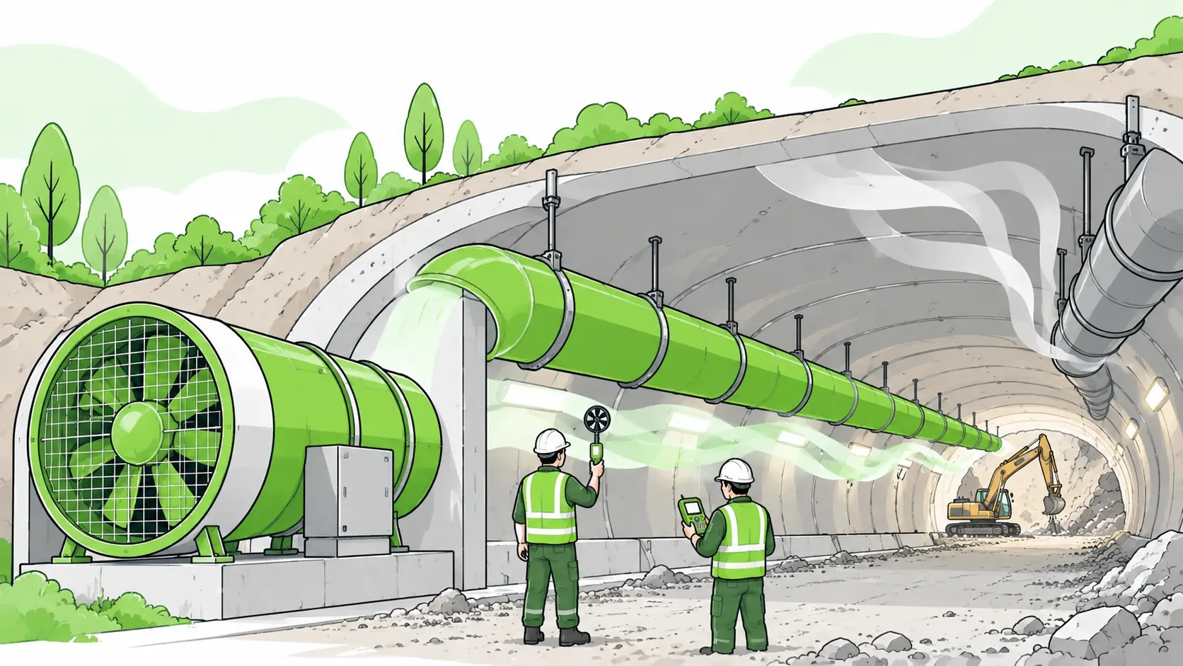 Underground workers measure airflow and atmospheric conditions beside a large mechanical ventilation fan and duct system.