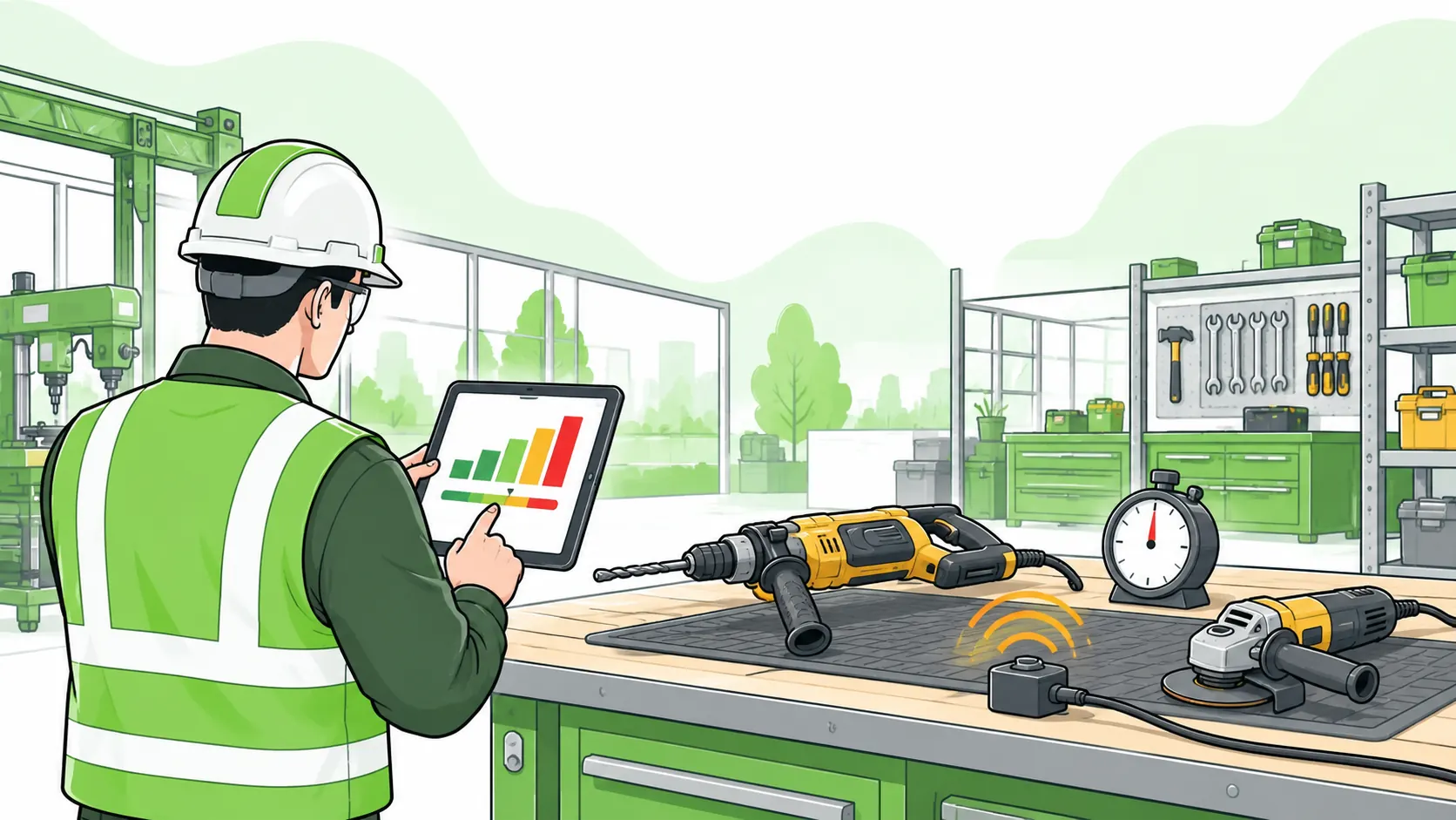 Safety supervisor reviews a pictorial vibration exposure assessment beside inactive power tools, a vibration sensor and an unmarked timer.