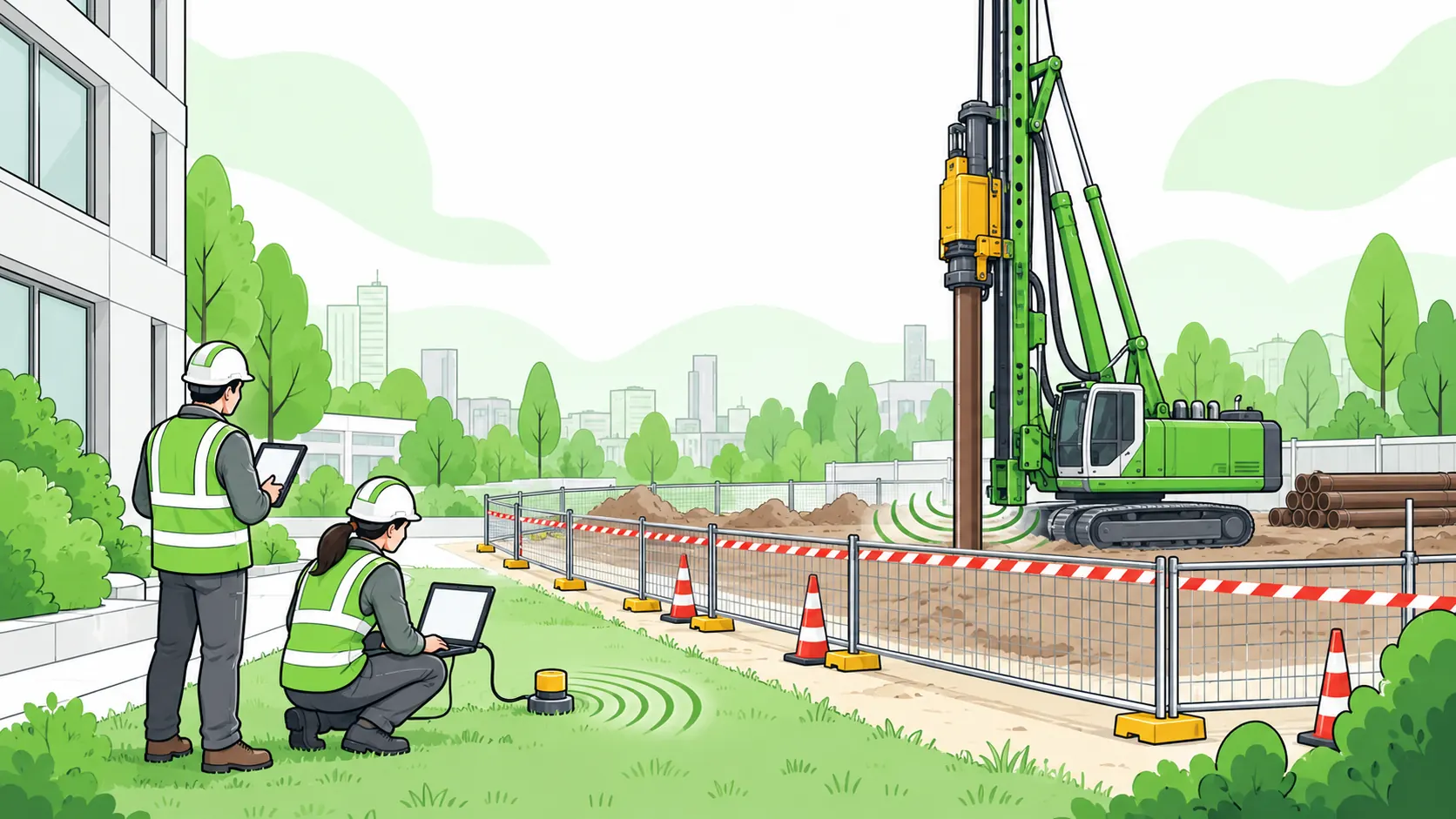 Engineers monitor ground vibration near a neighbouring building while a piling rig operates inside a fenced construction exclusion zone.
