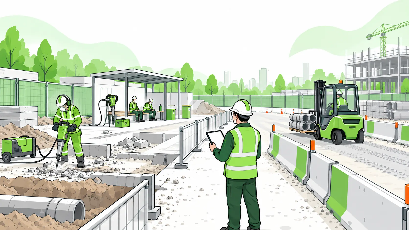 Safety assessor reviews hand-arm vibration from a breaker and whole-body vibration from a vehicle, with alternative equipment and a rest area nearby.