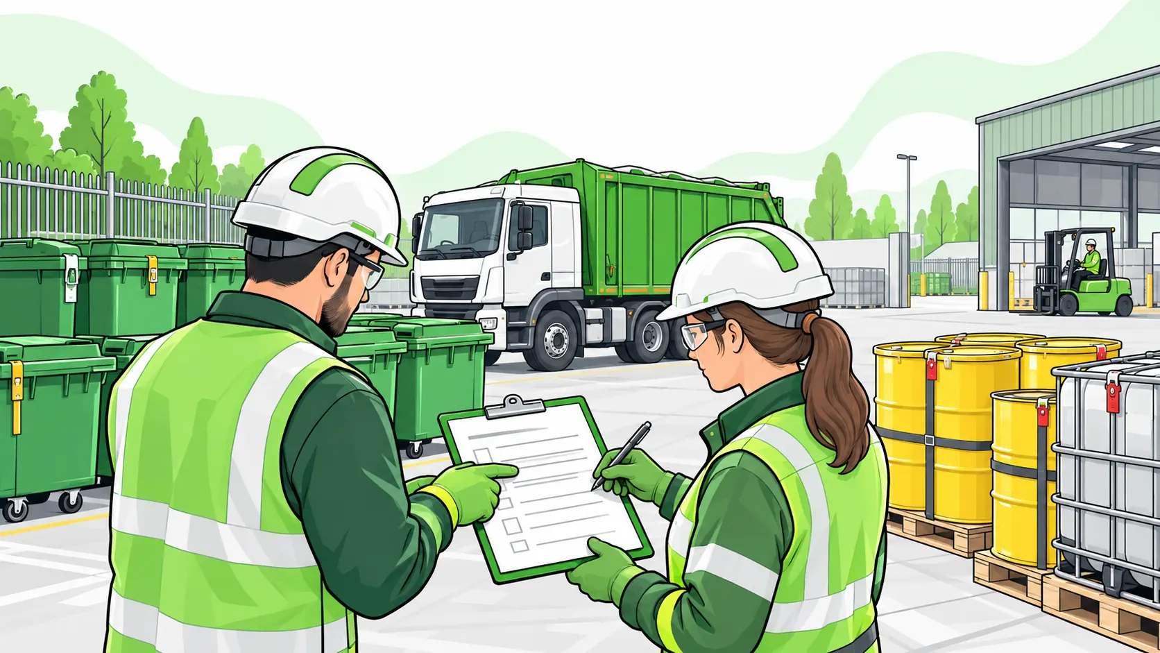 Workers complete waste transfer documentation beside secured drums, waste bins and a collection truck.