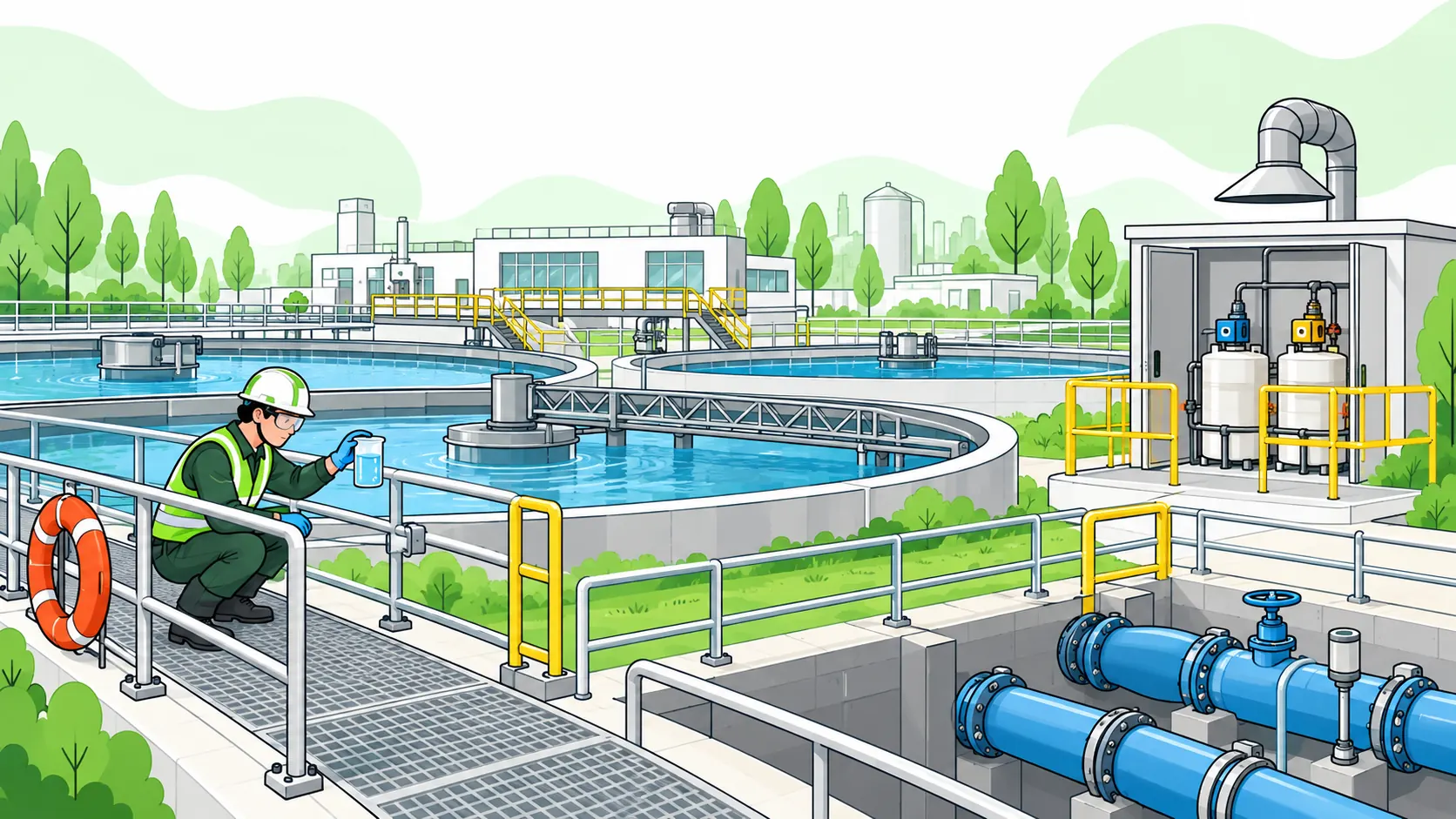 Water treatment operator checks a water sample from a guarded walkway beside treatment tanks, chemical dosing equipment and distribution pipes.