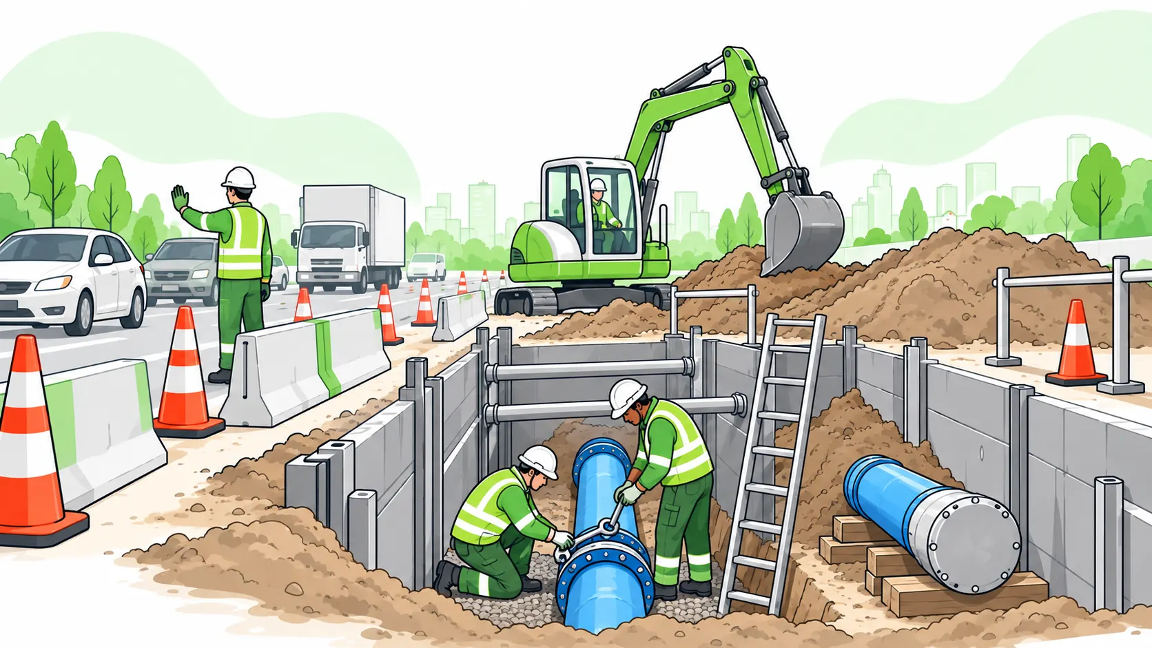 Water main repair crew works on a blue pipe in a shored trench with an access ladder and a separated road traffic work zone.