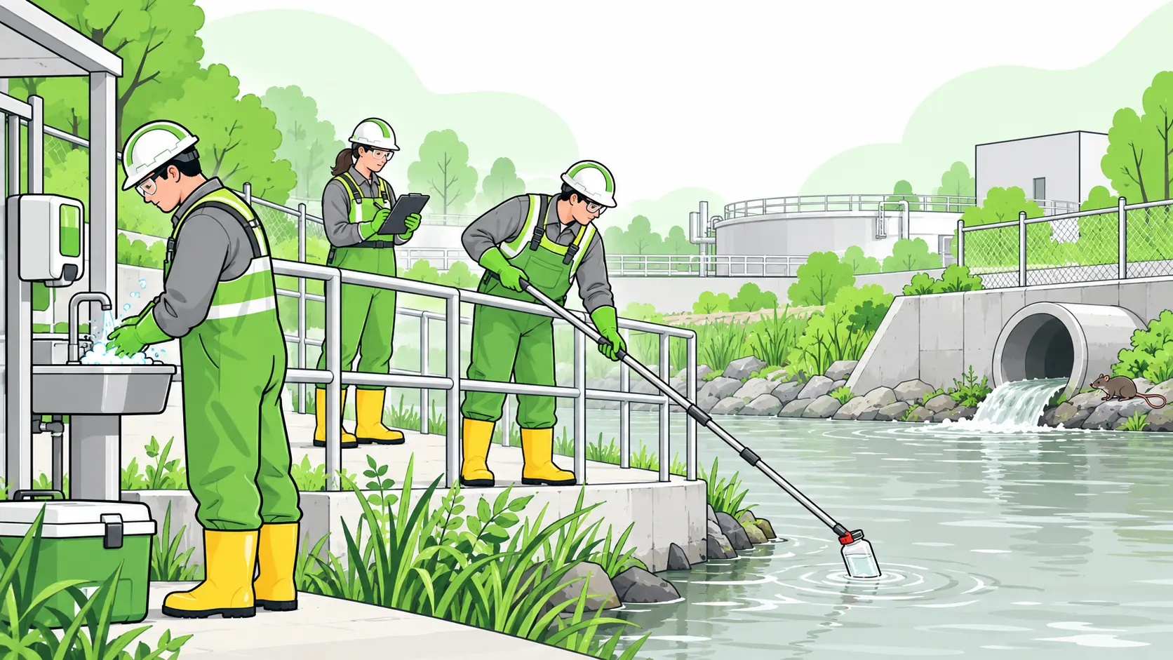 Water workers use protective clothing and a long sampling pole at a treatment channel, with handwashing facilities and a rat near the drainage outlet.