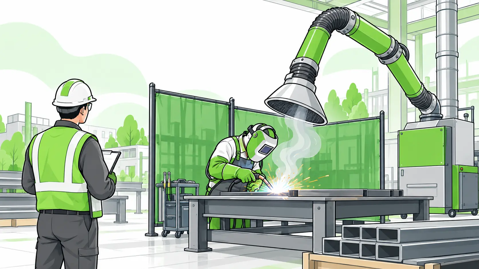 A welder works behind screening with a close-capture extraction hood positioned above the arc while a safety practitioner observes.