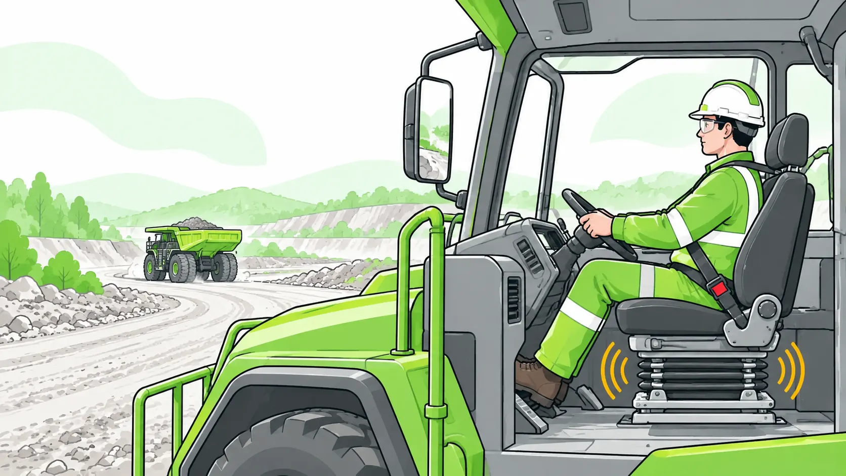 Seat-belted vehicle operator uses an adjustable suspension seat to reduce whole-body vibration on a maintained haul road.