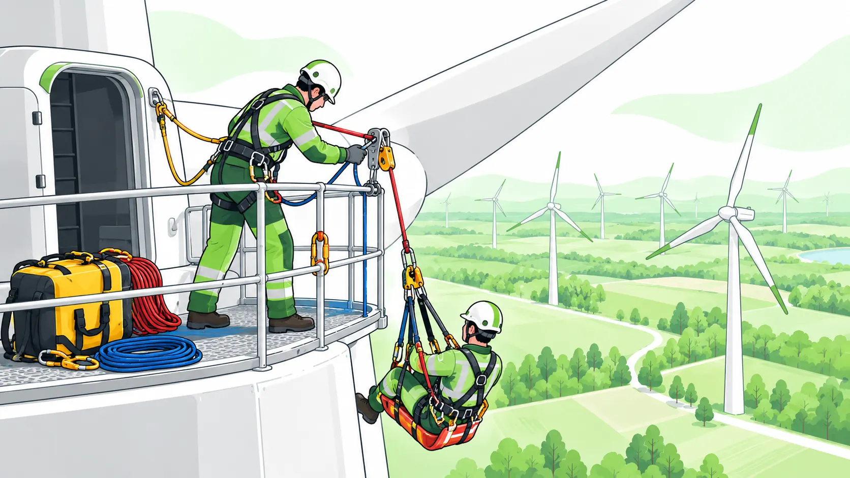 Harnessed wind turbine technicians practise a controlled rope rescue from a guarded tower platform with rescue equipment ready.