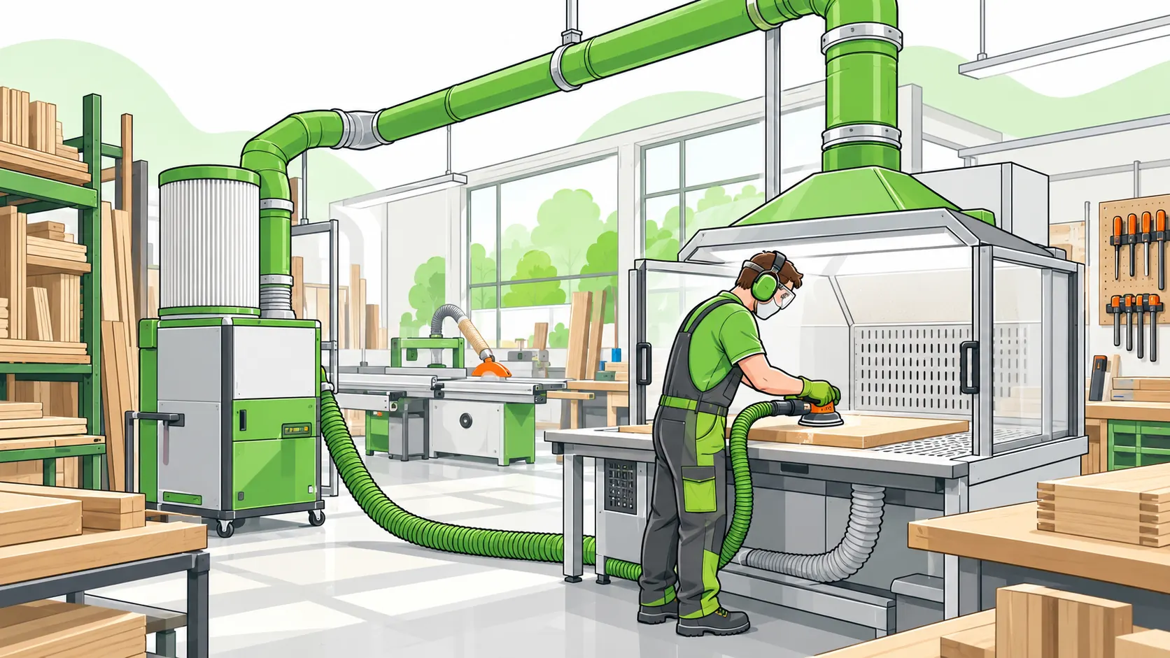 Woodworker sands timber inside an extraction hood with on-tool dust collection and protective equipment.