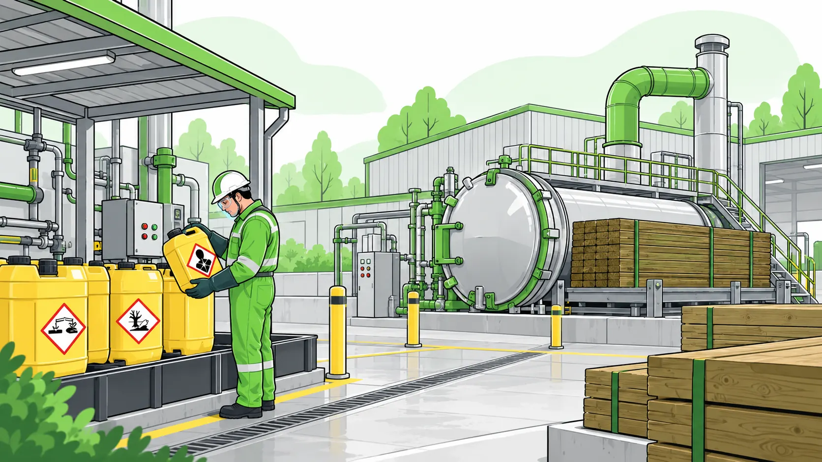 Protected worker handles sealed wood preservative containers beside a timber treatment cylinder and ventilation system.