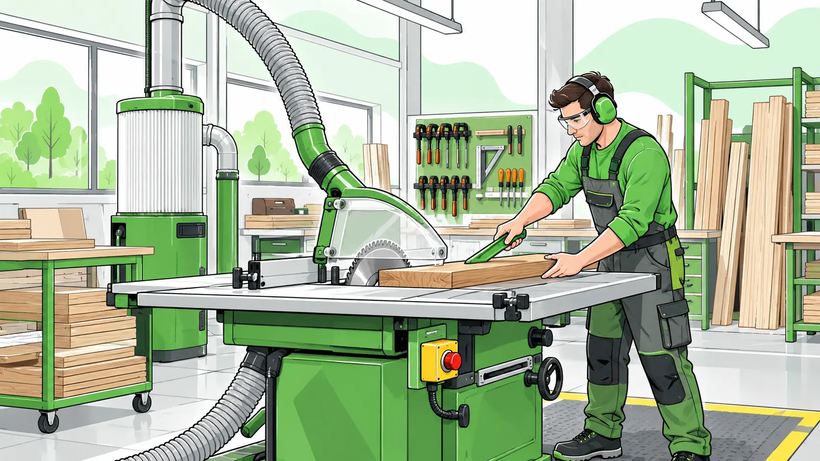 Woodworker uses a push stick at a guarded table saw connected to dust extraction, with an accessible emergency stop.