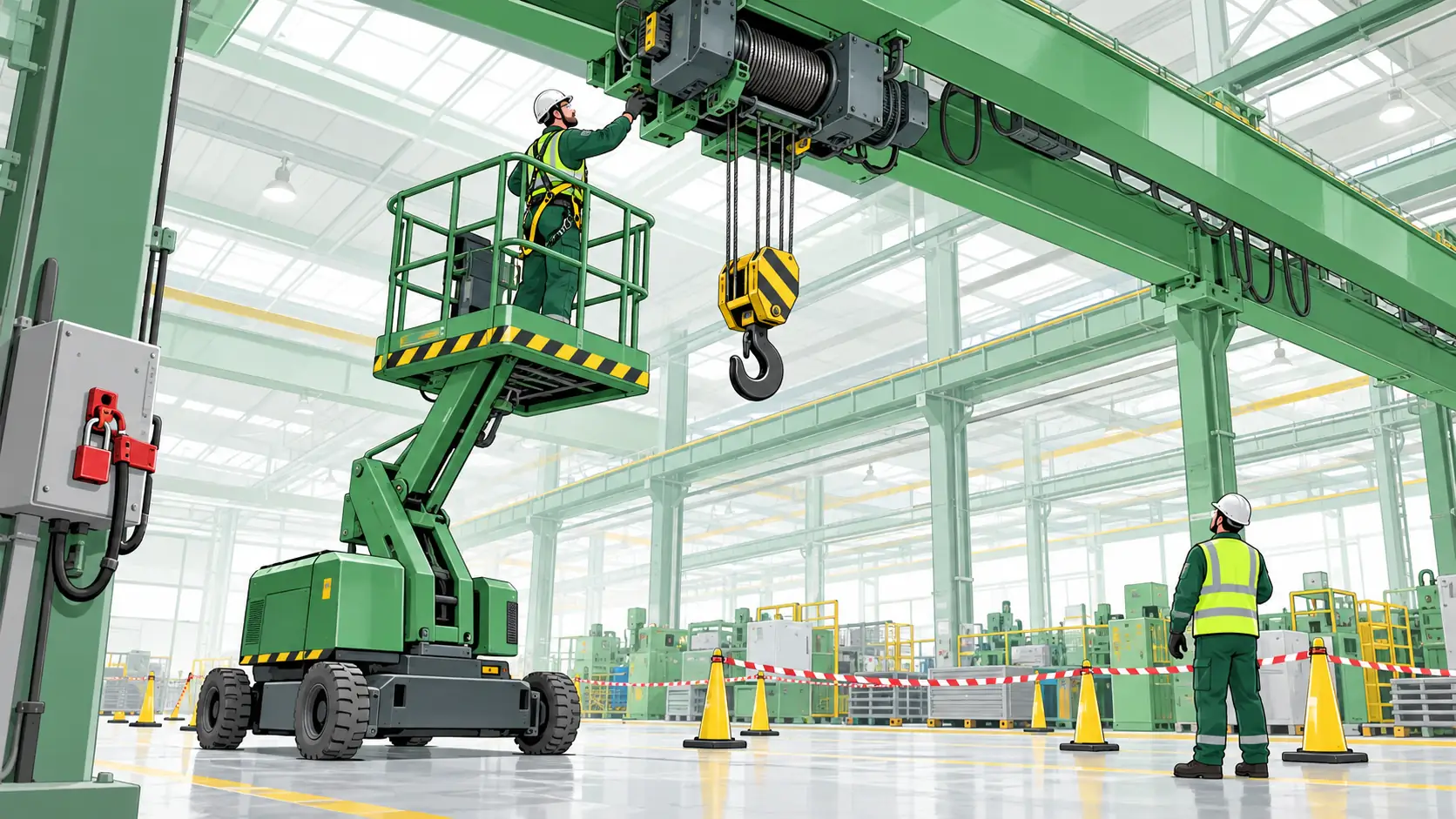 Inspector in a guarded mobile platform examines an isolated overhead crane hoist while a second worker keeps the floor area clear.