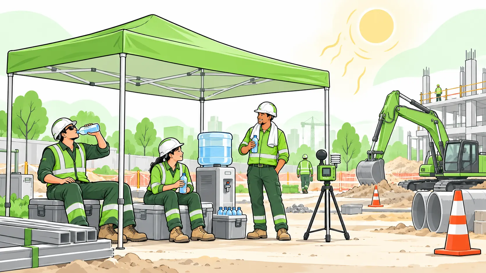 Construction workers take a shaded hydration break beside a water dispenser and heat-monitoring equipment.