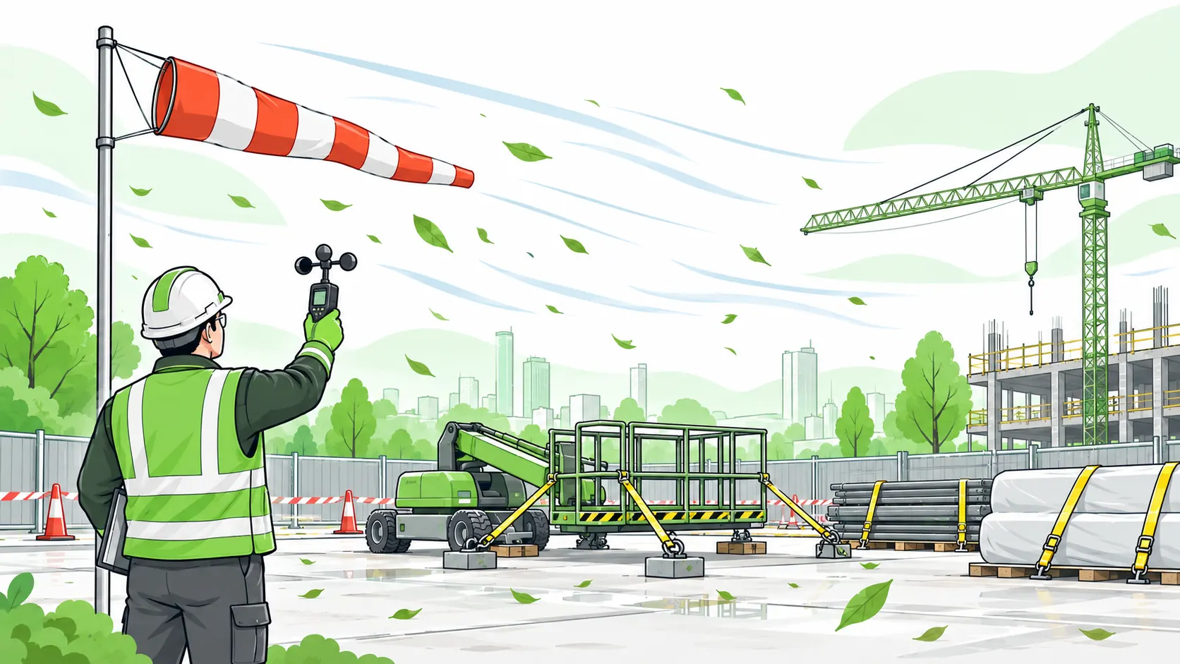 Supervisor checks wind speed beside a windsock, a lowered work platform and secured materials at a construction site.
