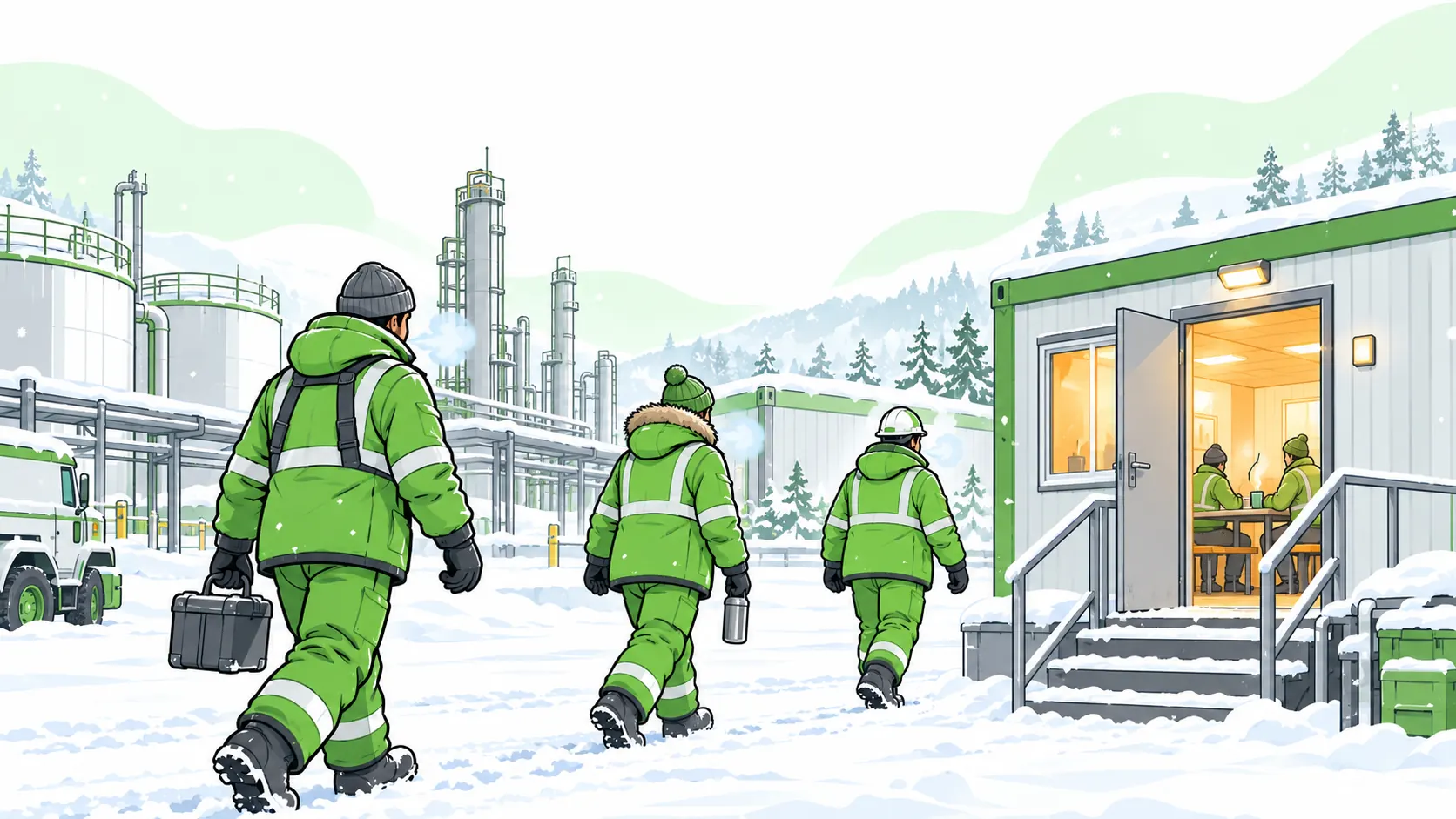 Workers in insulated protective clothing walk toward a heated break cabin at a snow-covered industrial site.