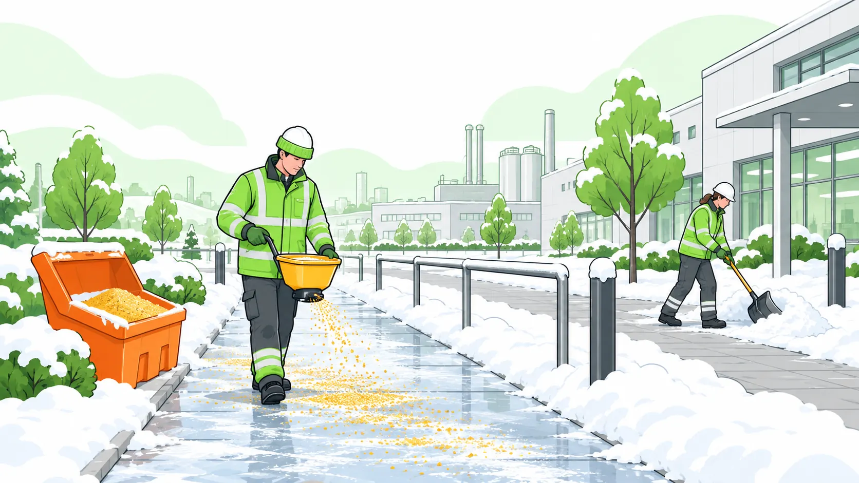 Workers spread grit and clear snow from a separated pedestrian walkway outside a workplace.