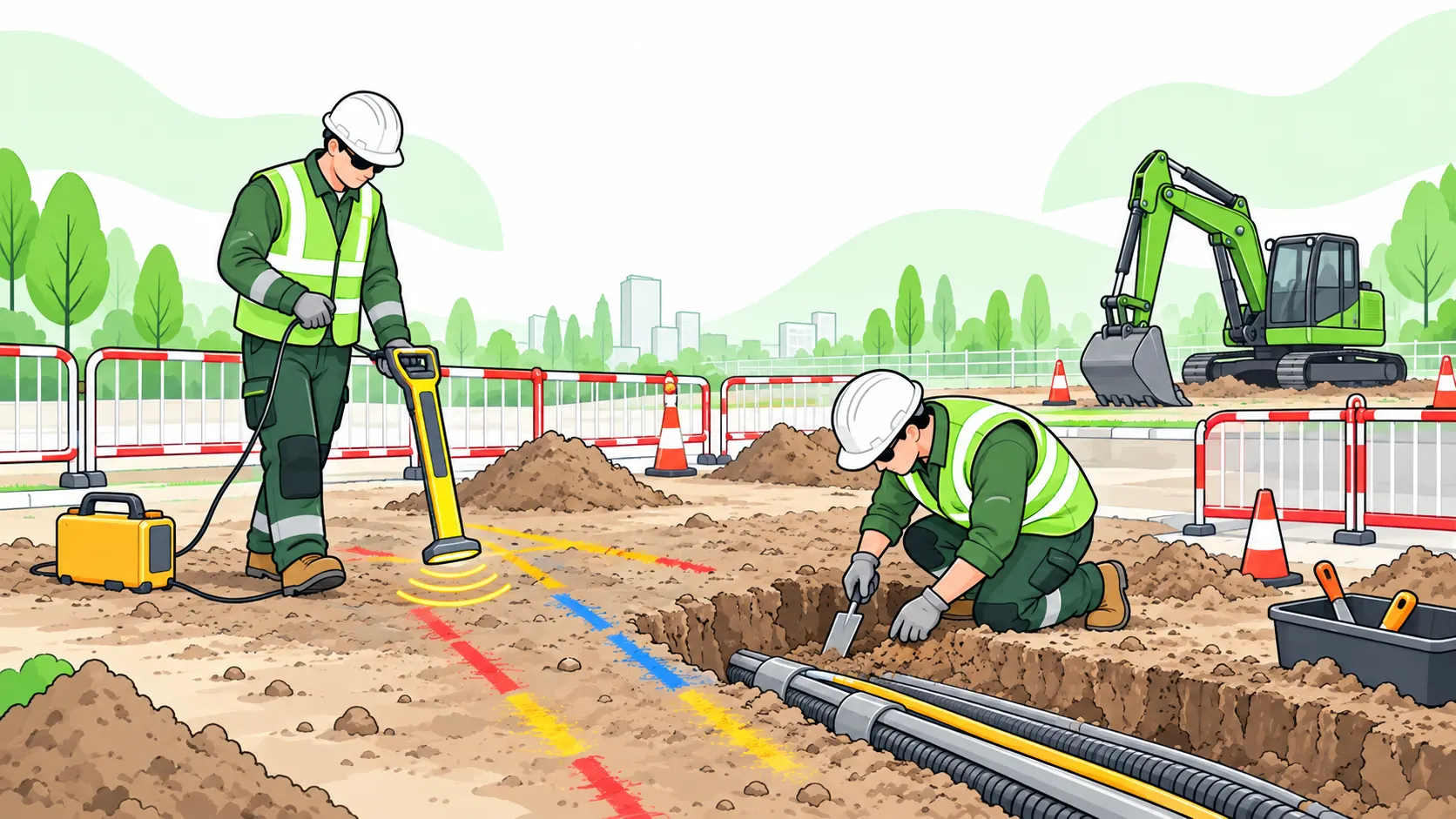 Workers locate underground services with a cable detector and hand-dig a trial hole beside marked cable ducts while an excavator remains away.