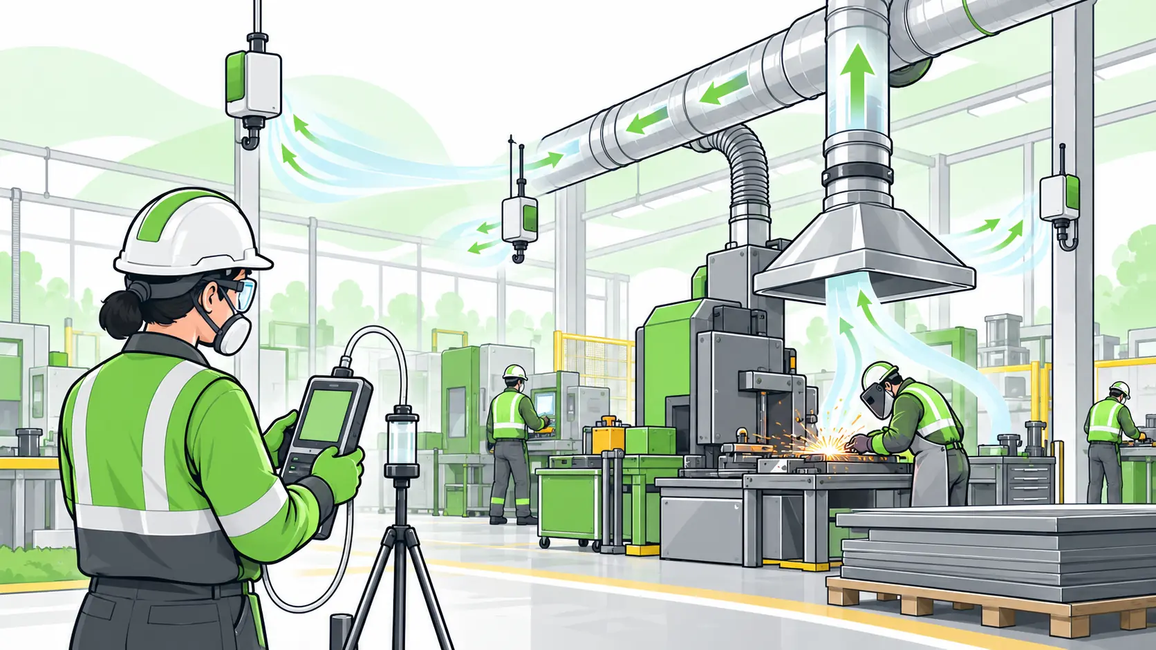 An industrial hygienist monitors workplace air quality around ventilated machinery using portable sampling equipment and fixed sensors.