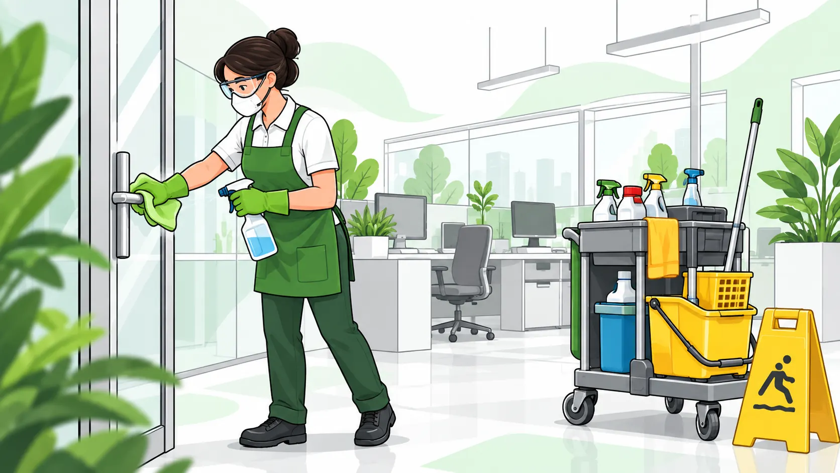 Protected cleaner wipes a workplace door handle using a microfiber cloth beside separated cleaning products and a wet-floor pictogram.