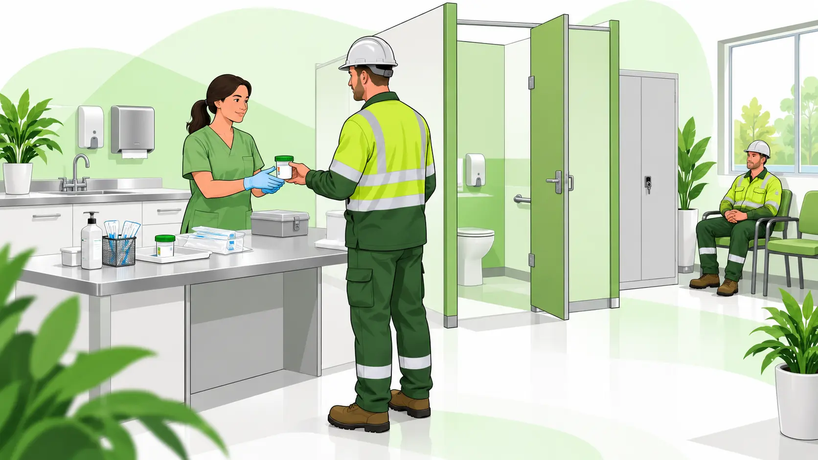 An occupational health clinician receives a sealed specimen from an industrial worker in a private workplace drug and alcohol testing clinic.