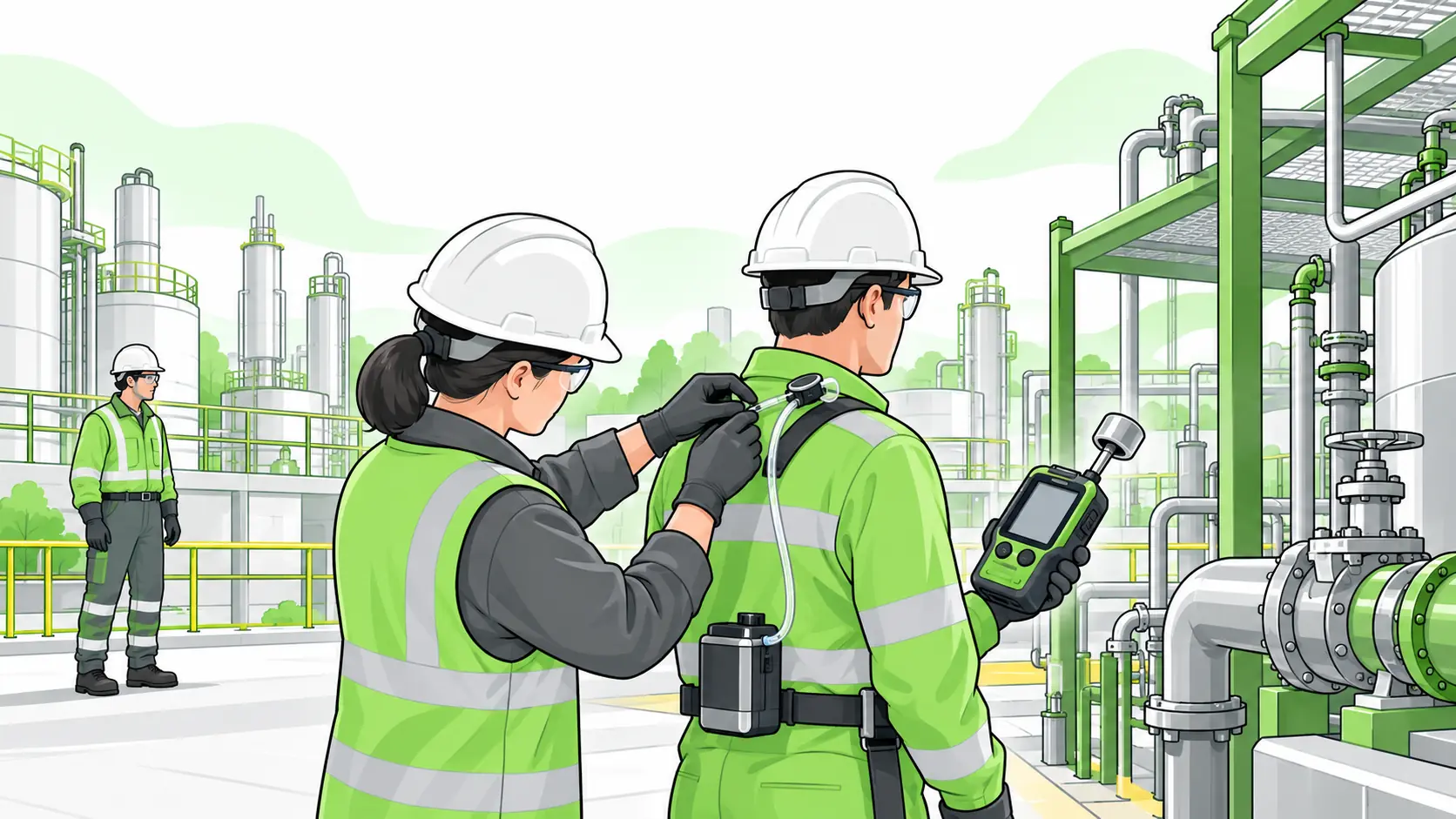 An industrial hygienist fits a personal sampling pump to a worker and checks a direct-reading exposure monitor beside operating process equipment.