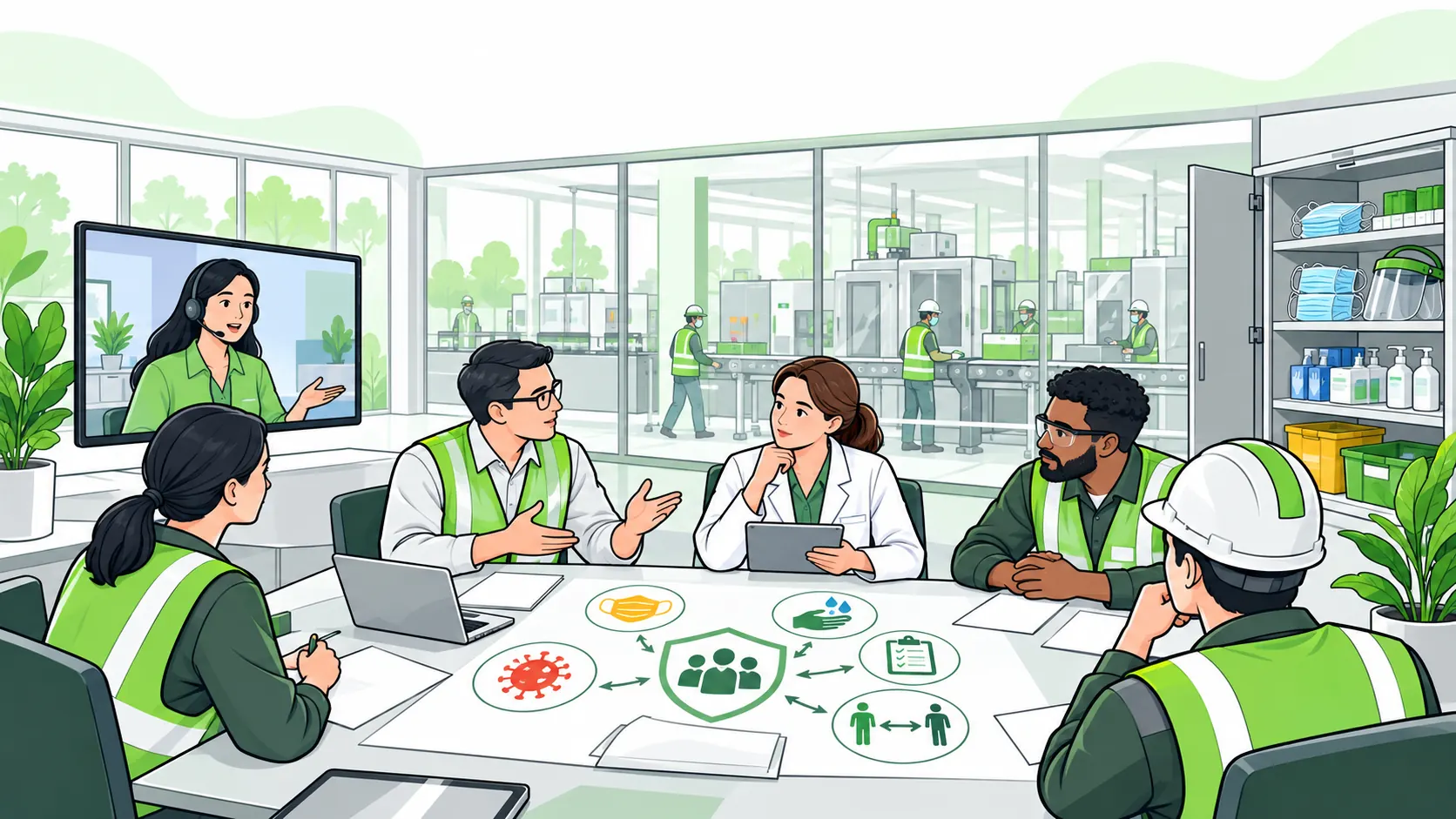 Workplace response team plans pandemic controls and business continuity with a remote colleague and protective equipment supplies.