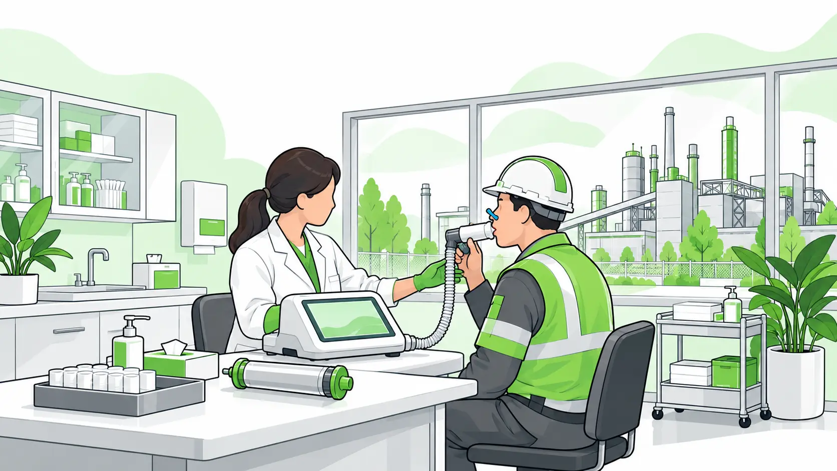 An occupational health clinician guides an industrial worker through a calibrated workplace spirometry breathing test in a clean medical room.