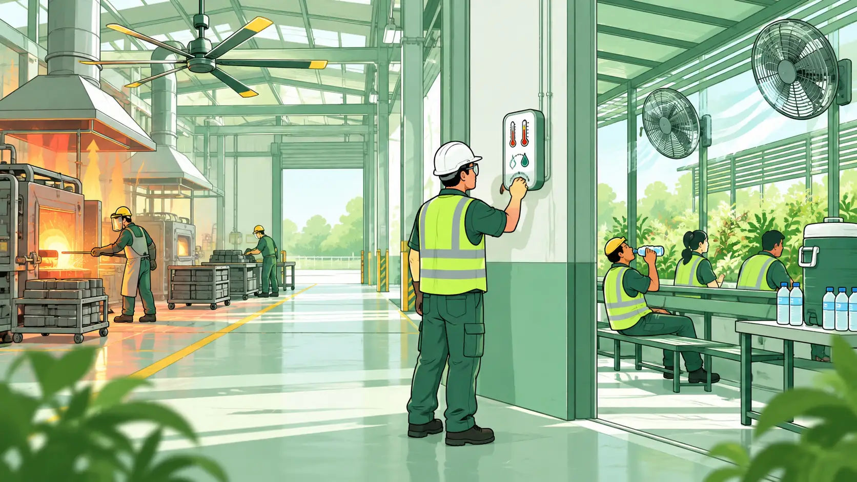 Worker checks workplace temperature beside radiant process equipment, ventilation fans and a shaded hydration rest area.