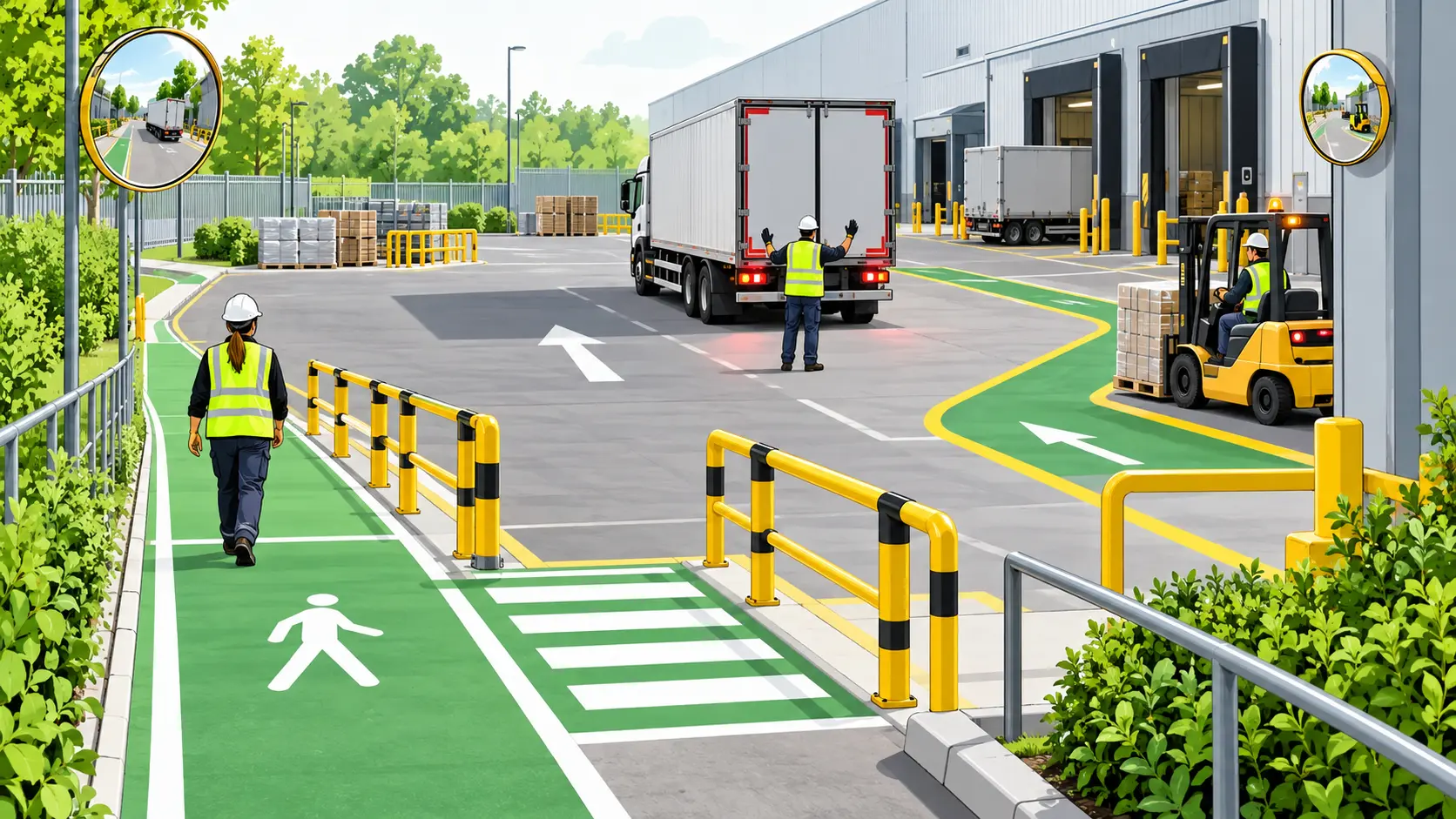 A segregated industrial yard separates pedestrians from trucks and forklifts while a banksman guides a reversing vehicle near a loading bay.